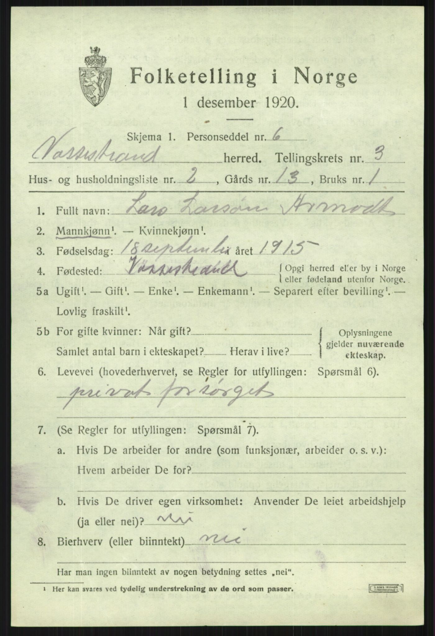 SAB, 1920 census for Vossestrand, 1920, p. 1452