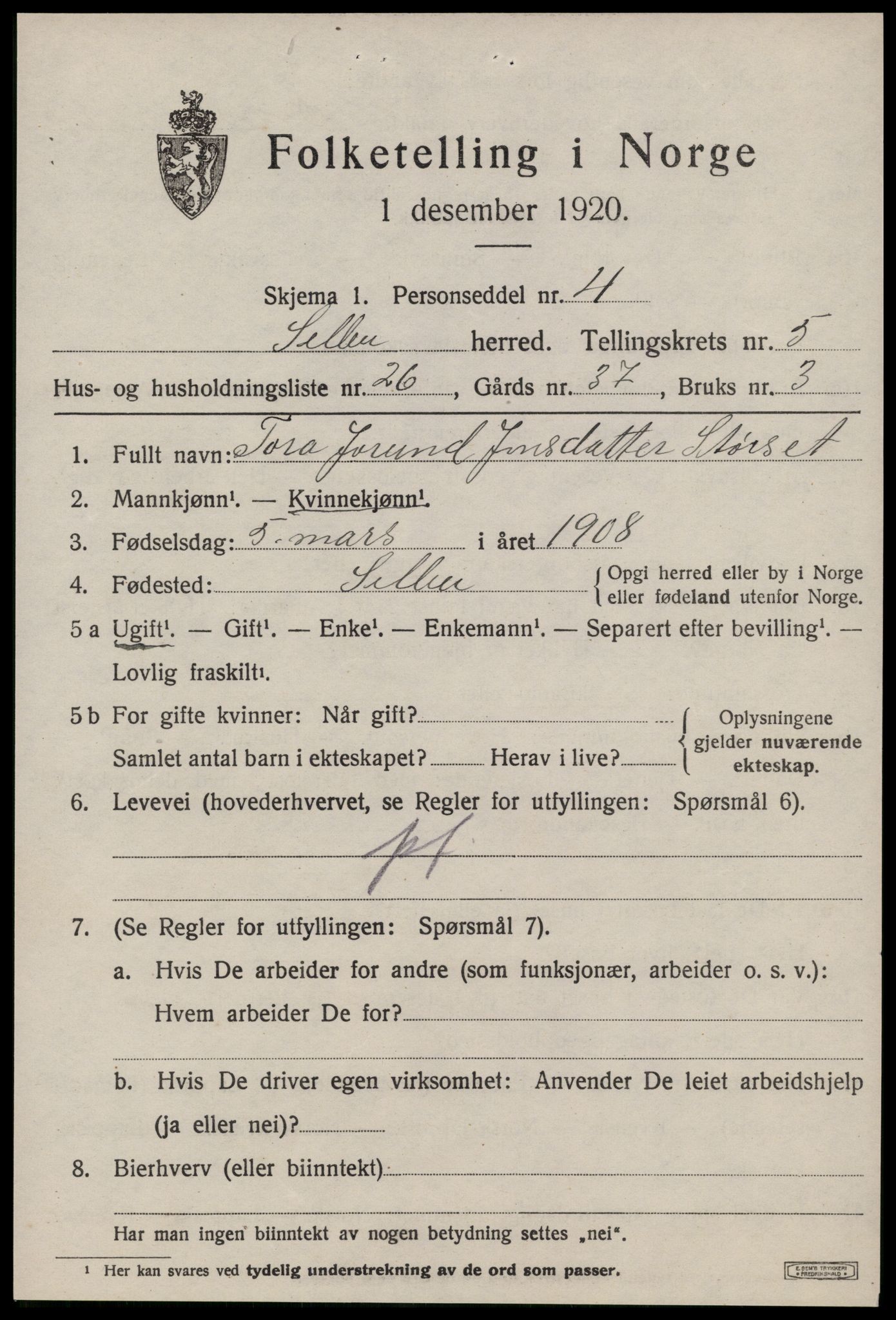 SAT, 1920 census for Selbu, 1920, p. 3478