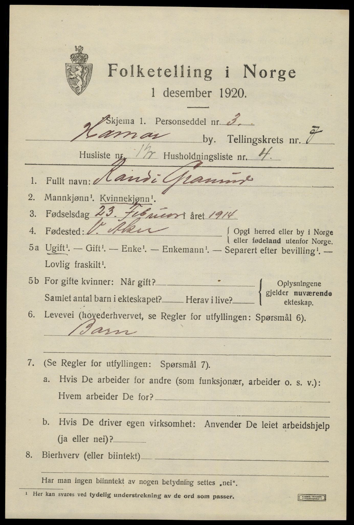 SAH, 1920 census for Hamar, 1920, p. 13029