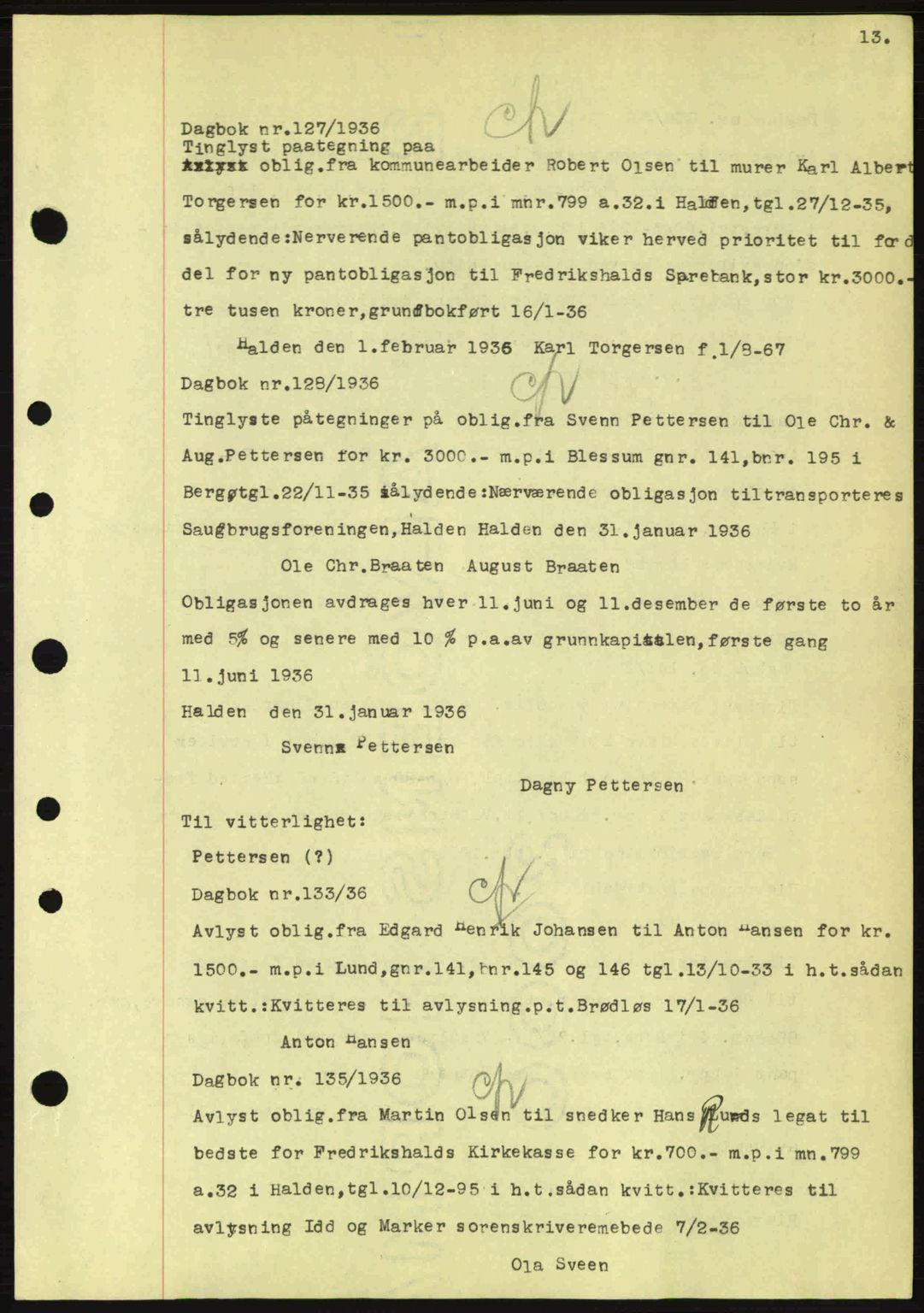 Idd og Marker sorenskriveri, AV/SAO-A-10283/G/Gb/Gbc/L0001: Mortgage book no. B1-3, 1936-1939, Diary no: : 127/1936