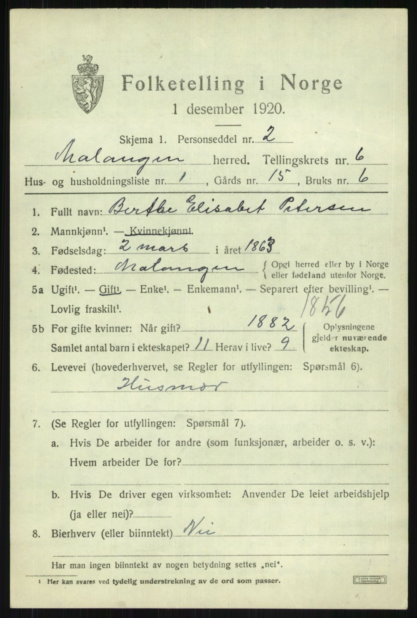 SATØ, 1920 census for Malangen, 1920, p. 2291