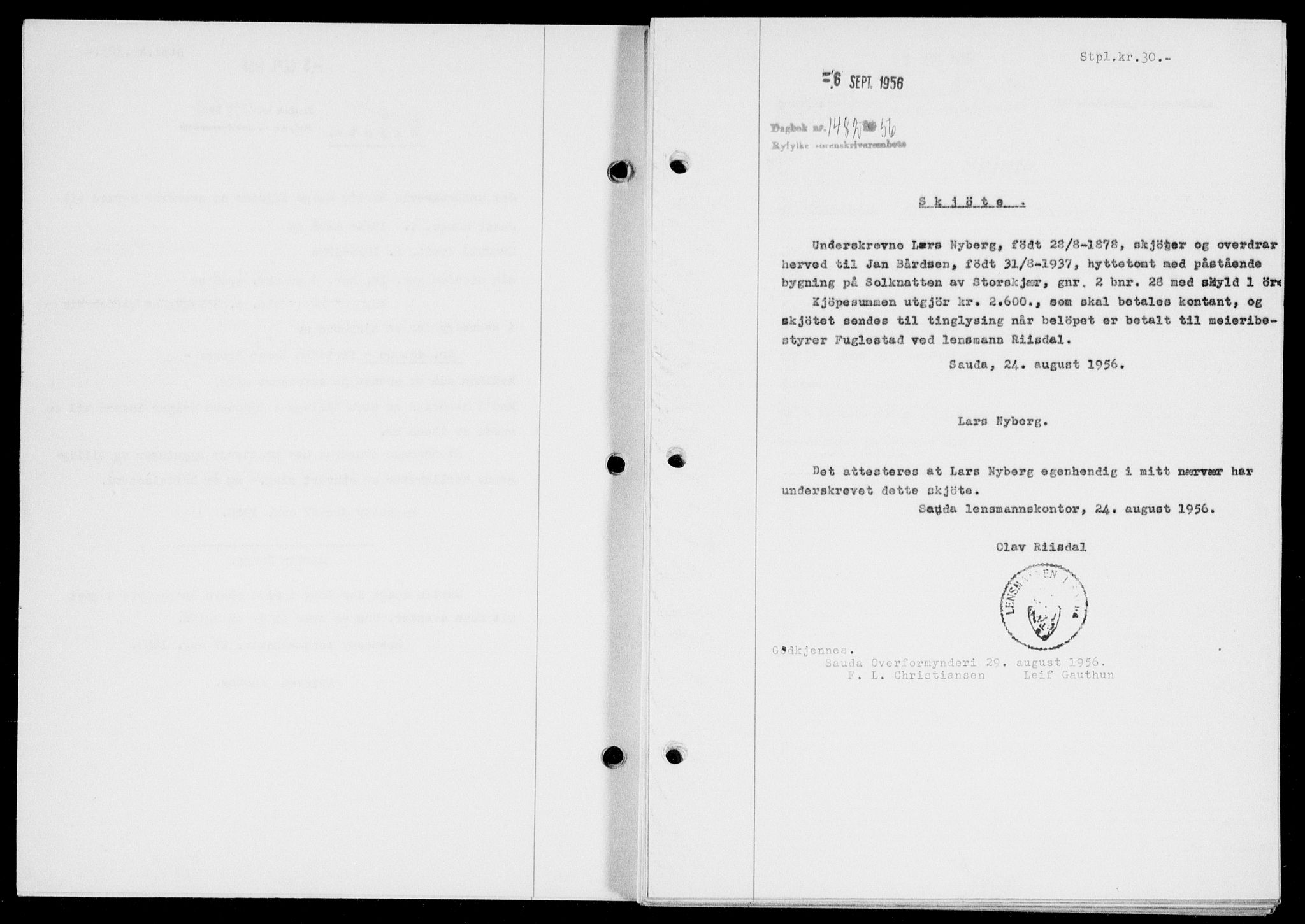 Ryfylke tingrett, SAST/A-100055/001/II/IIB/L0134: Mortgage book no. 113, 1956-1956, Diary no: : 1482/1956