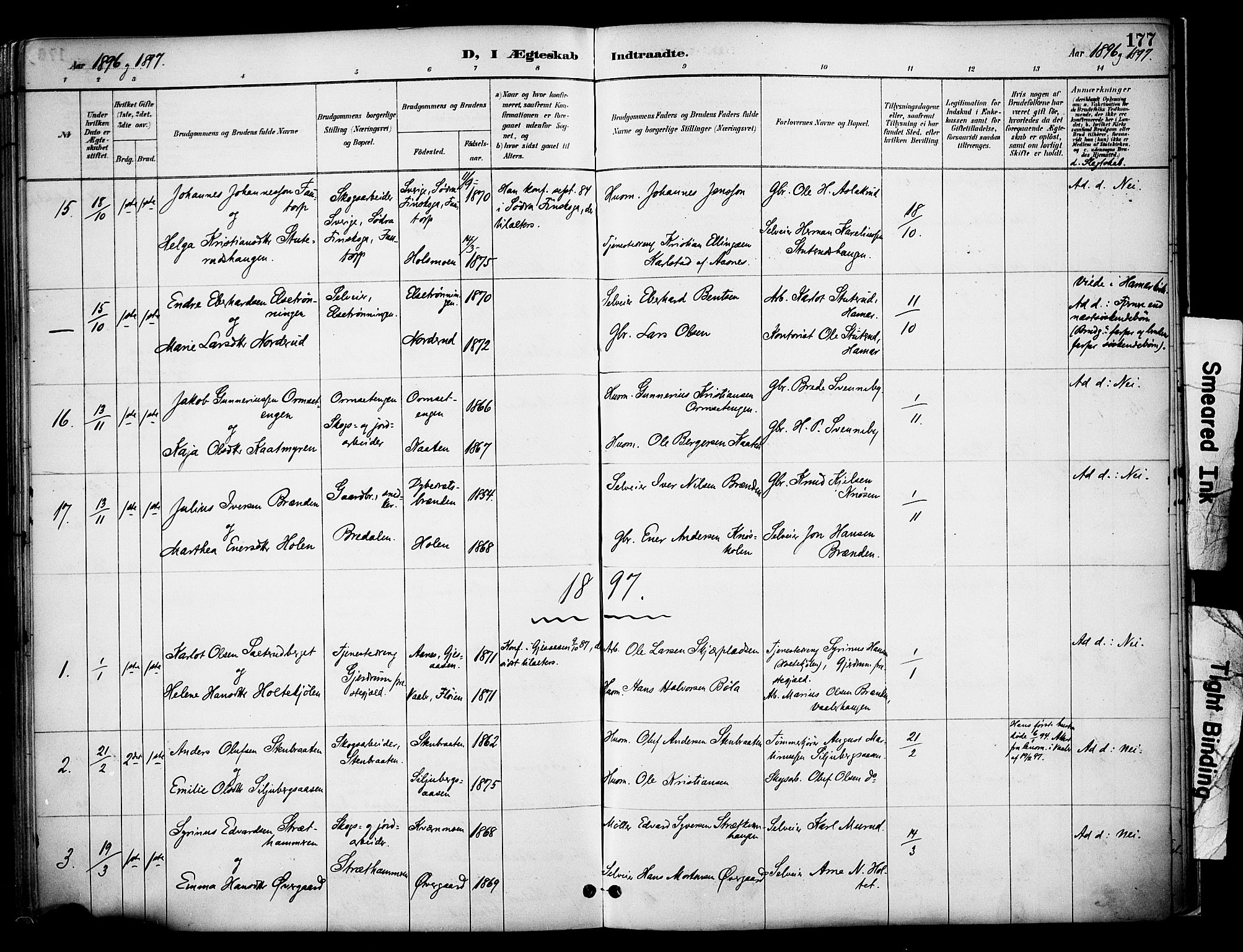 Våler prestekontor, Hedmark, AV/SAH-PREST-040/H/Ha/Haa/L0005: Parish register (official) no. 5, 1887-1905, p. 177