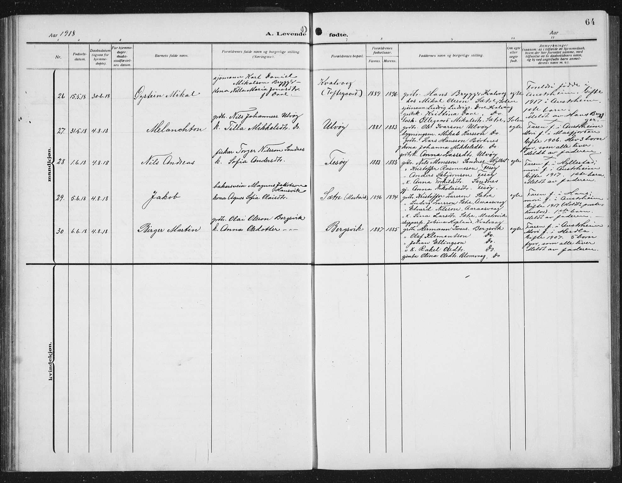 Lindås Sokneprestembete, AV/SAB-A-76701/H/Hab/Habc/L0005: Parish register (copy) no. C 5, 1910-1927, p. 64