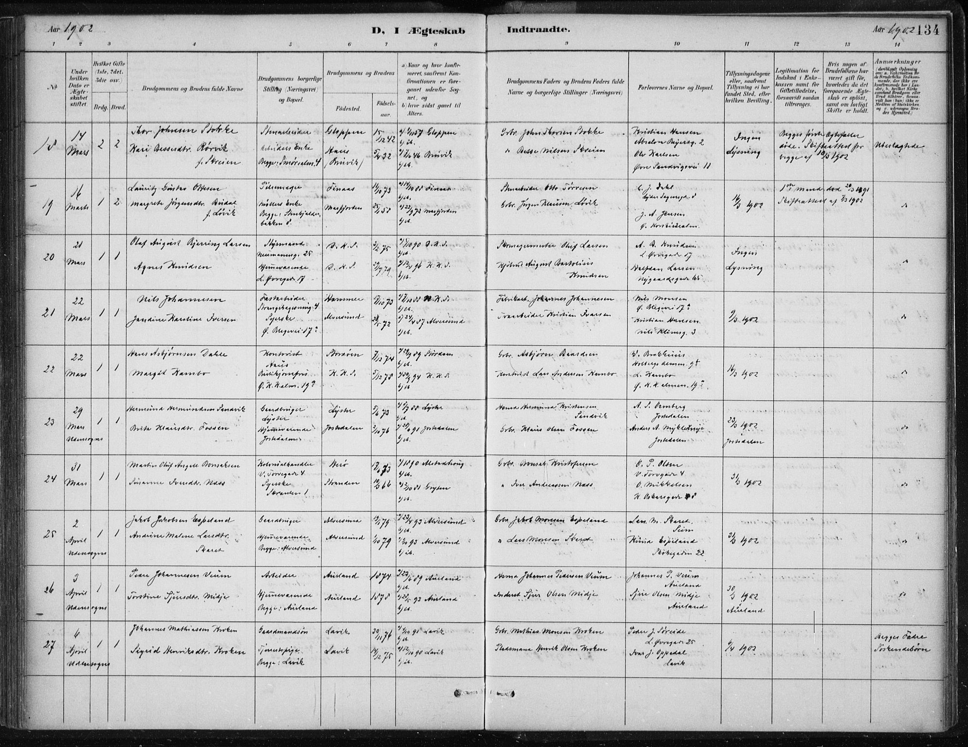 Korskirken sokneprestembete, AV/SAB-A-76101/H/Hab: Parish register (copy) no. D 3, 1887-1906, p. 134