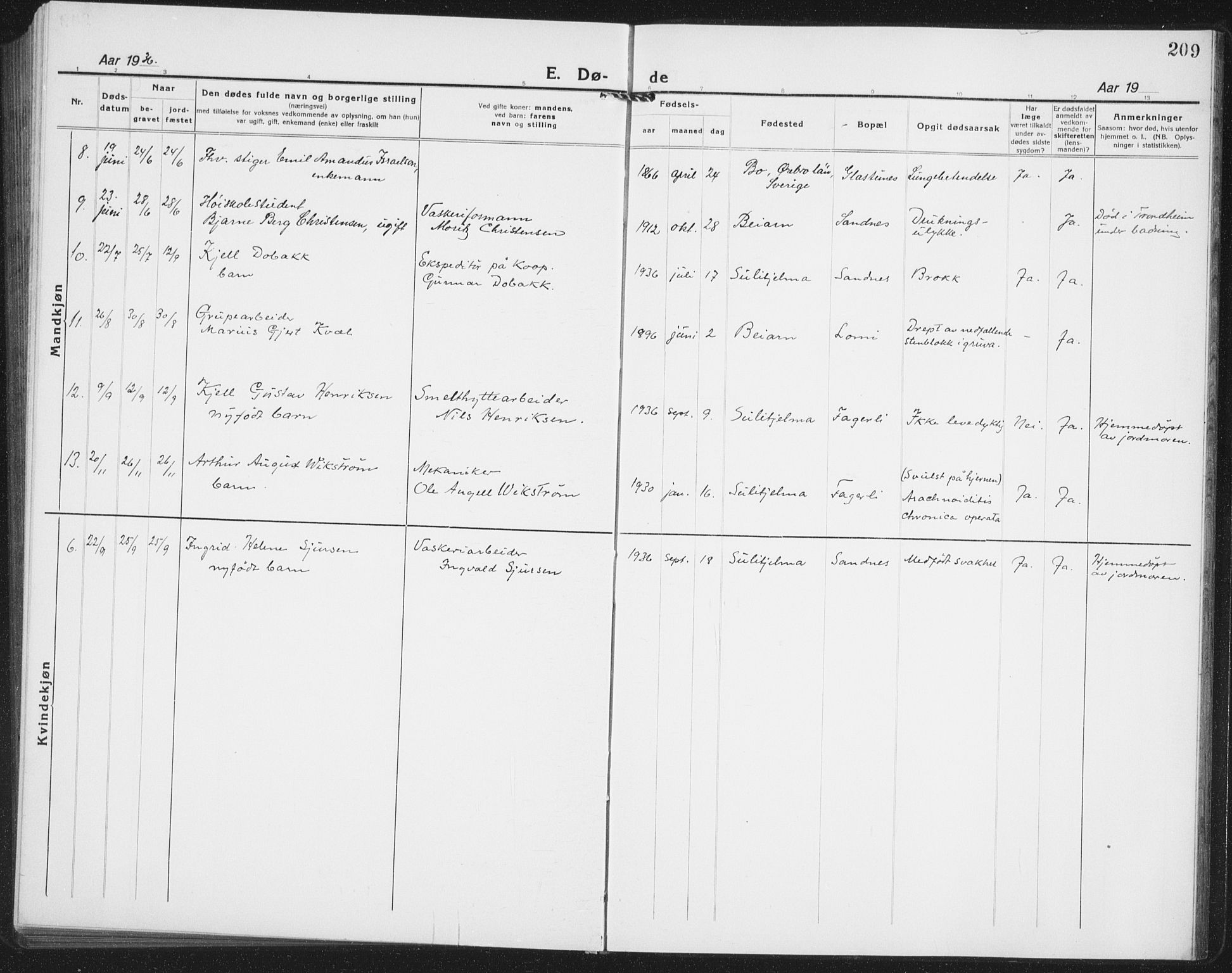 Ministerialprotokoller, klokkerbøker og fødselsregistre - Nordland, AV/SAT-A-1459/850/L0718: Parish register (copy) no. 850C02, 1921-1941, p. 209