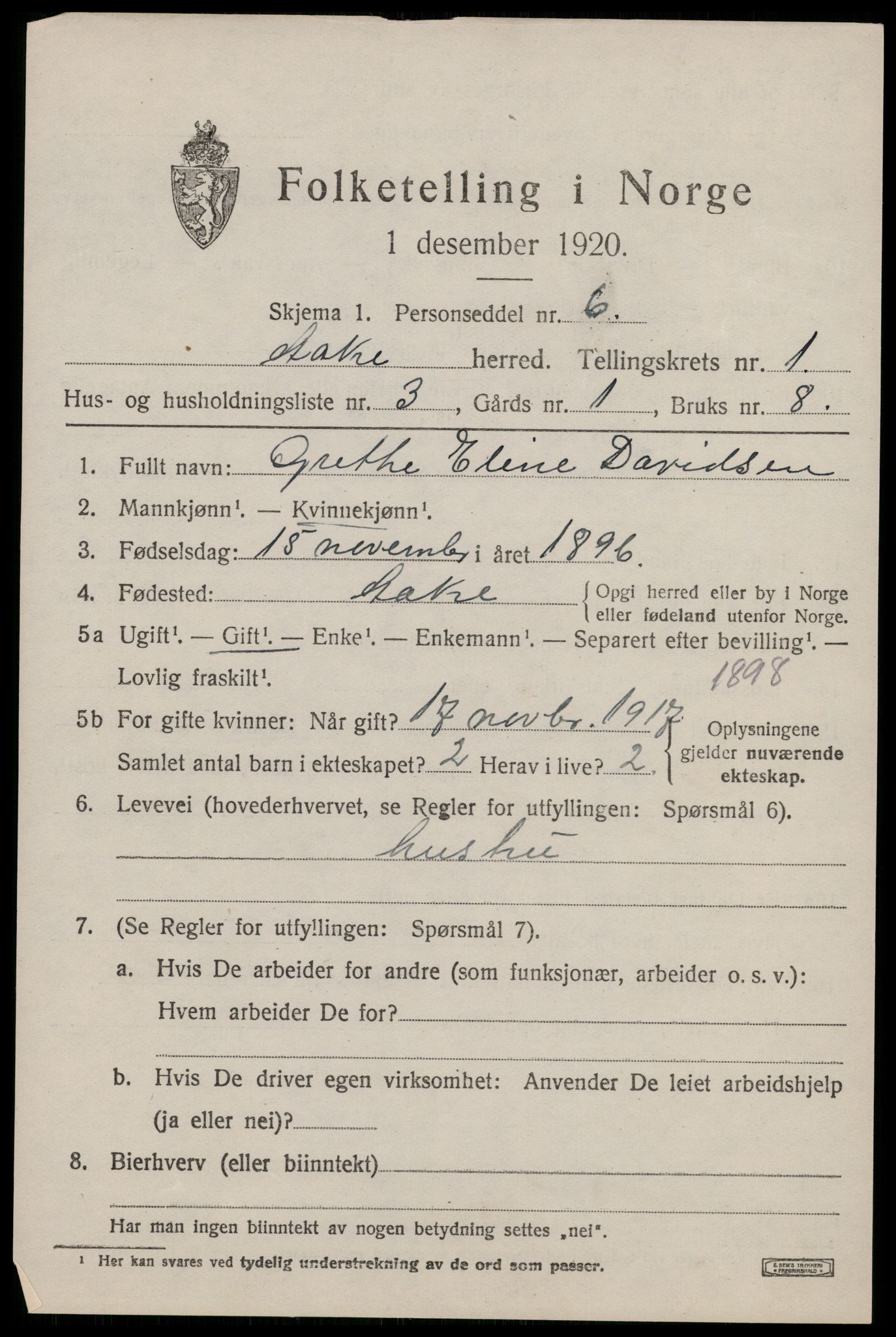 SAST, 1920 census for Åkra, 1920, p. 1296