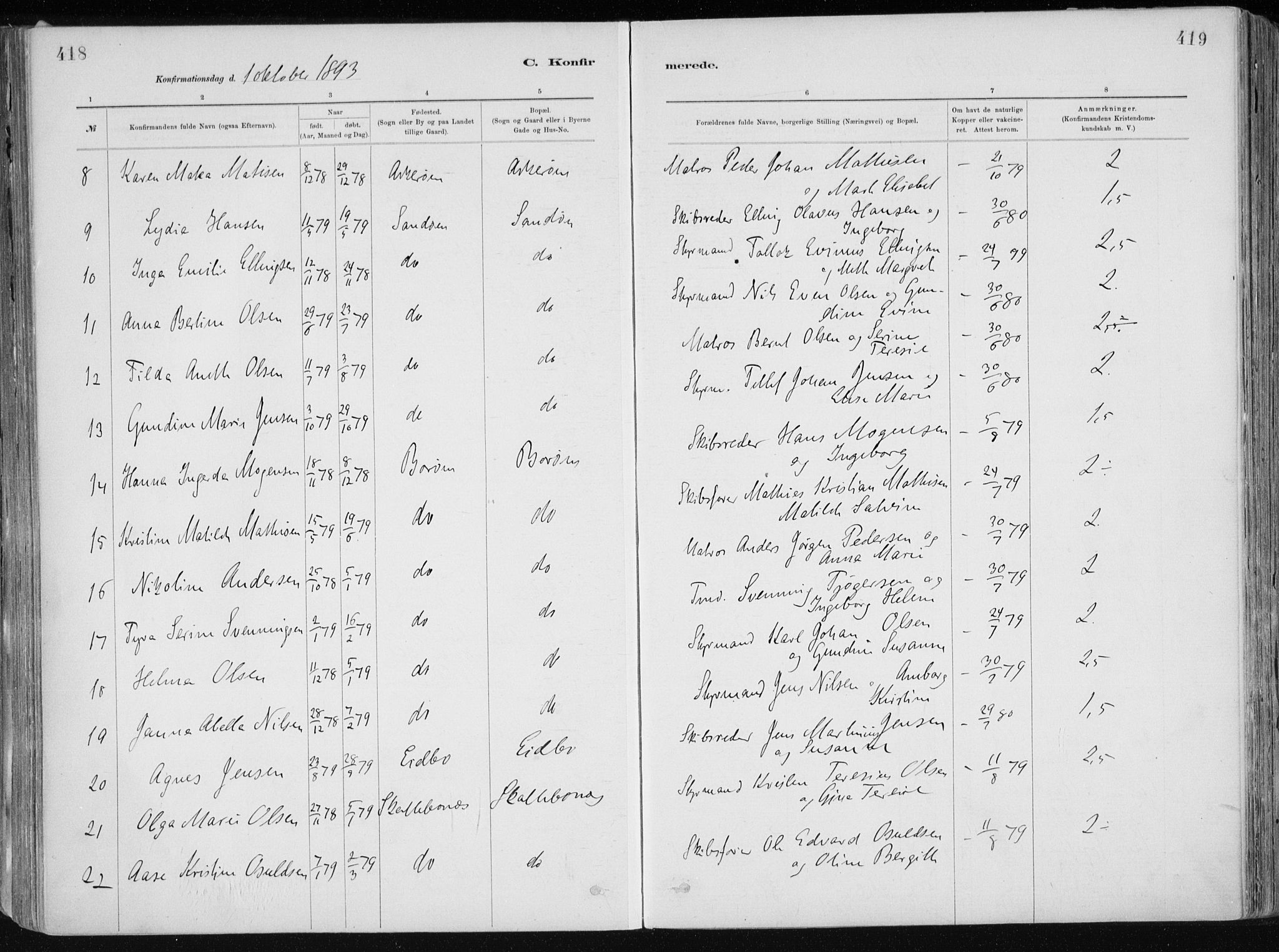 Dypvåg sokneprestkontor, AV/SAK-1111-0007/F/Fa/Faa/L0008: Parish register (official) no. A 8, 1885-1906, p. 418-419