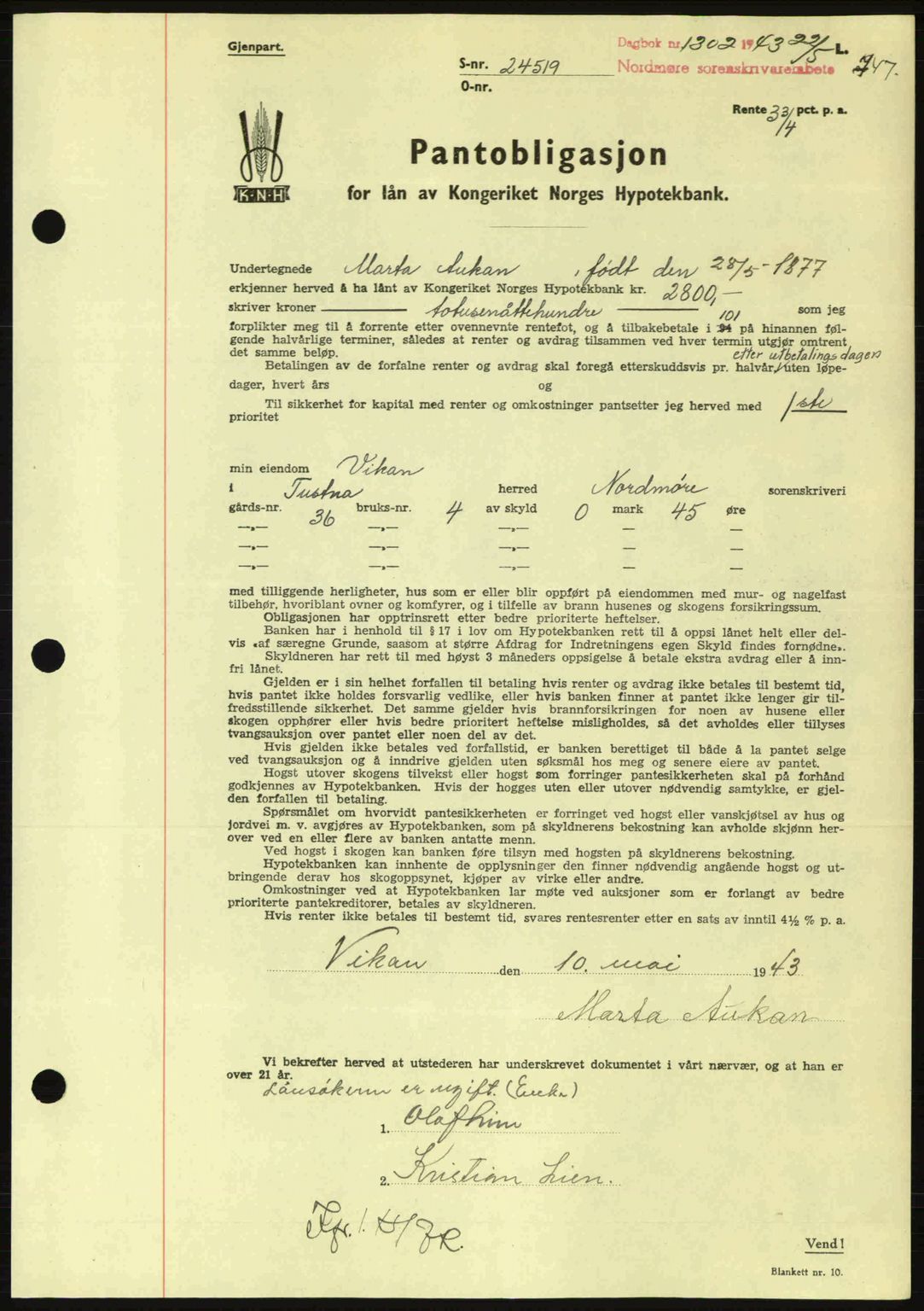 Nordmøre sorenskriveri, AV/SAT-A-4132/1/2/2Ca: Mortgage book no. B90, 1942-1943, Diary no: : 1302/1943