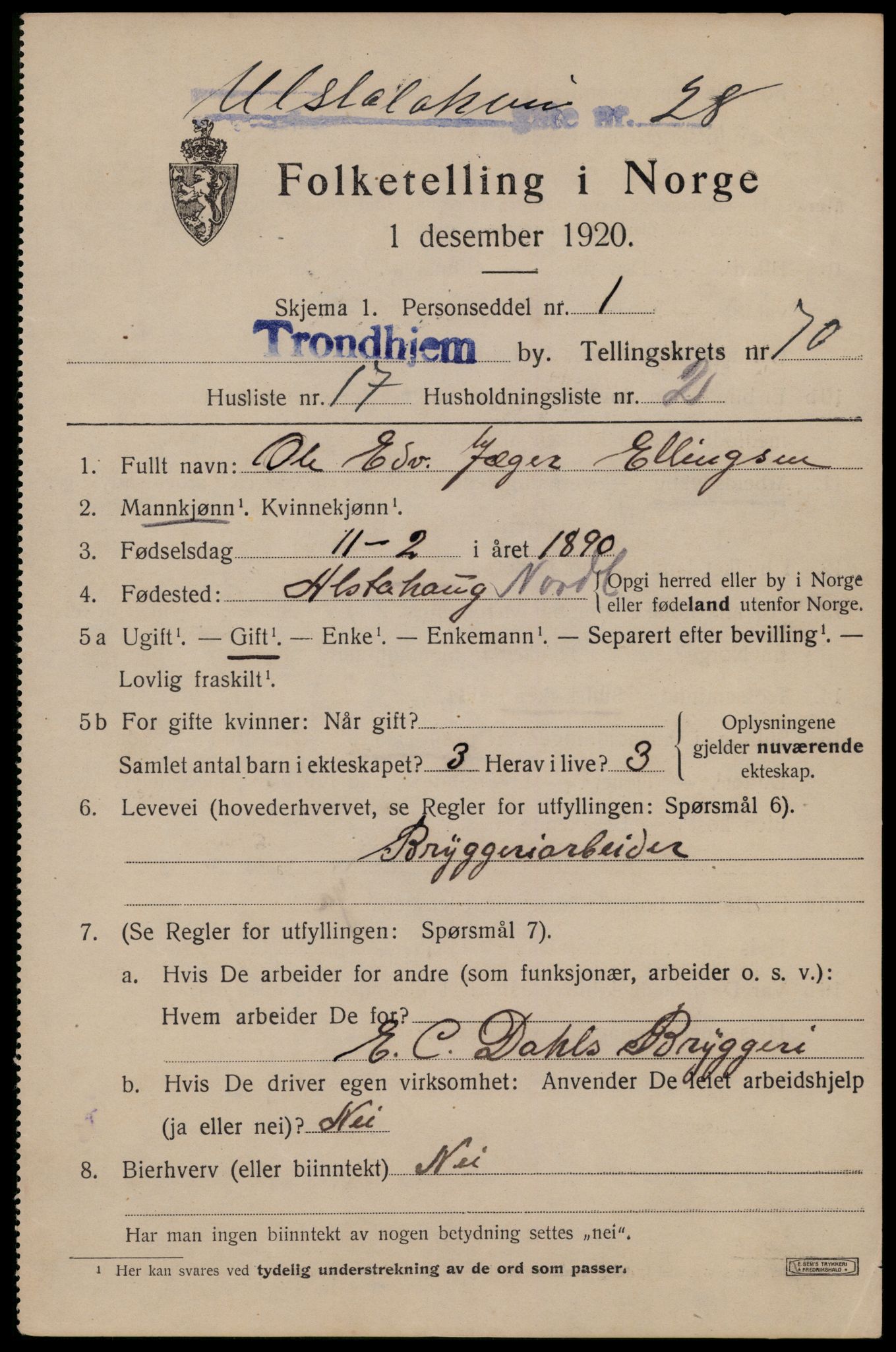 SAT, 1920 census for Trondheim, 1920, p. 139270