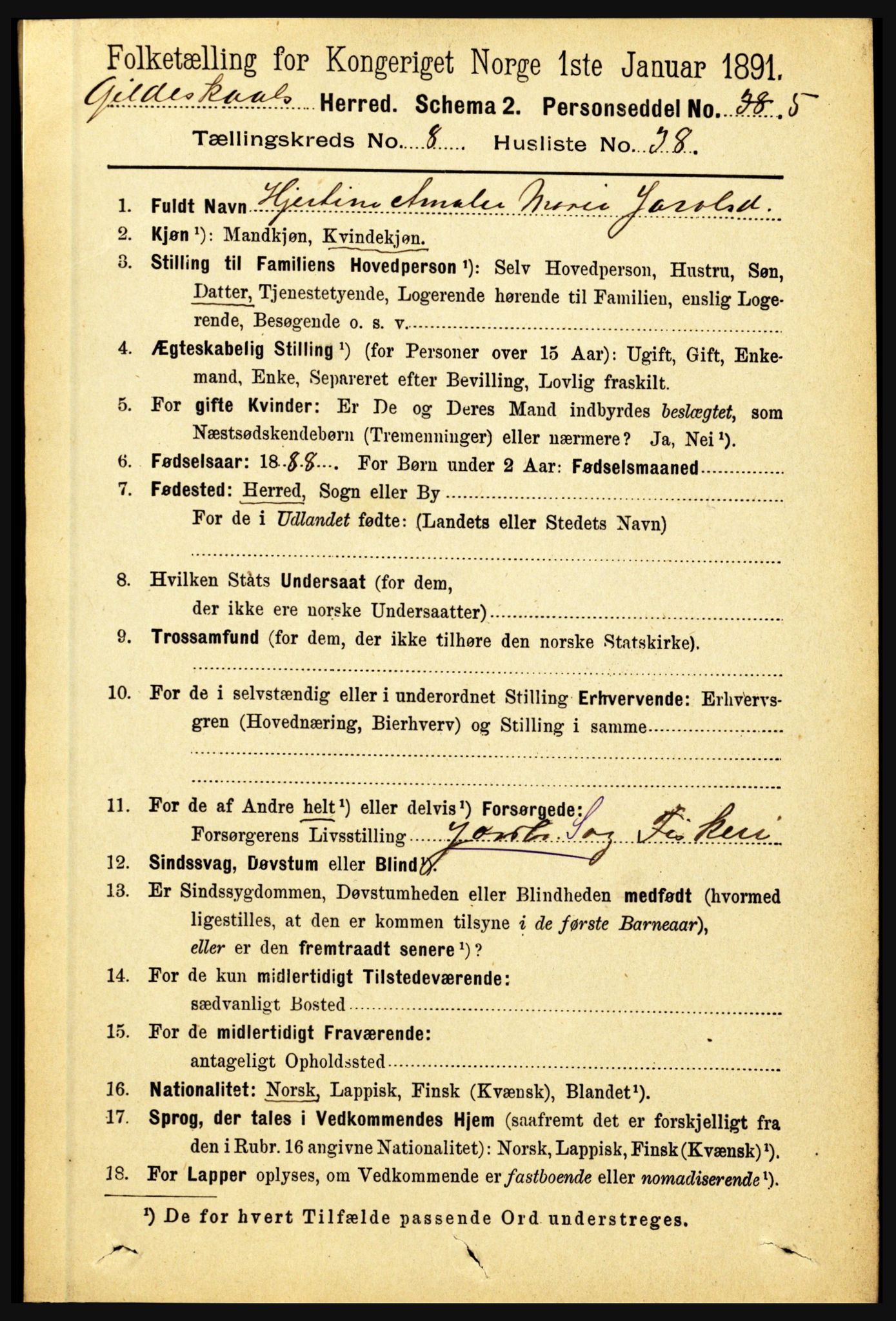 RA, 1891 census for 1838 Gildeskål, 1891, p. 2709