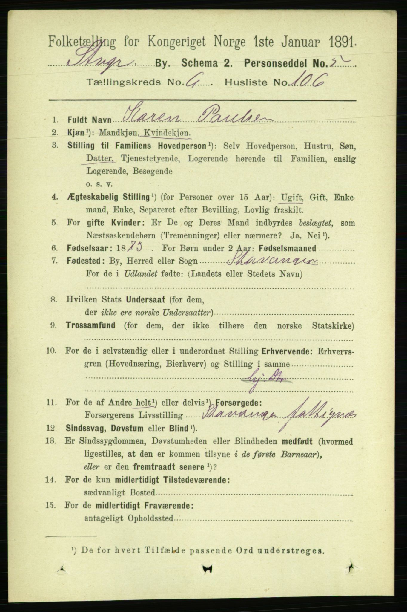 RA, 1891 census for 1103 Stavanger, 1891, p. 10964