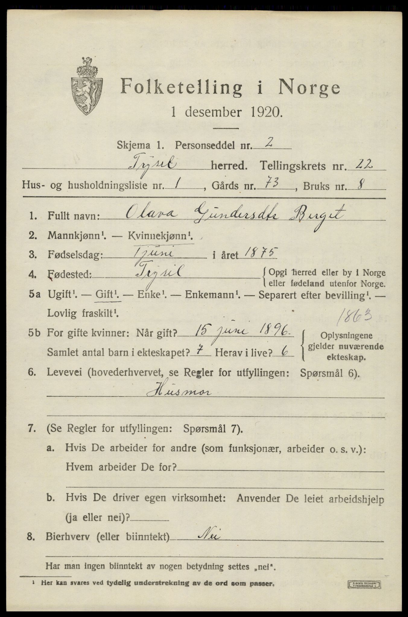 SAH, 1920 census for Trysil, 1920, p. 14565