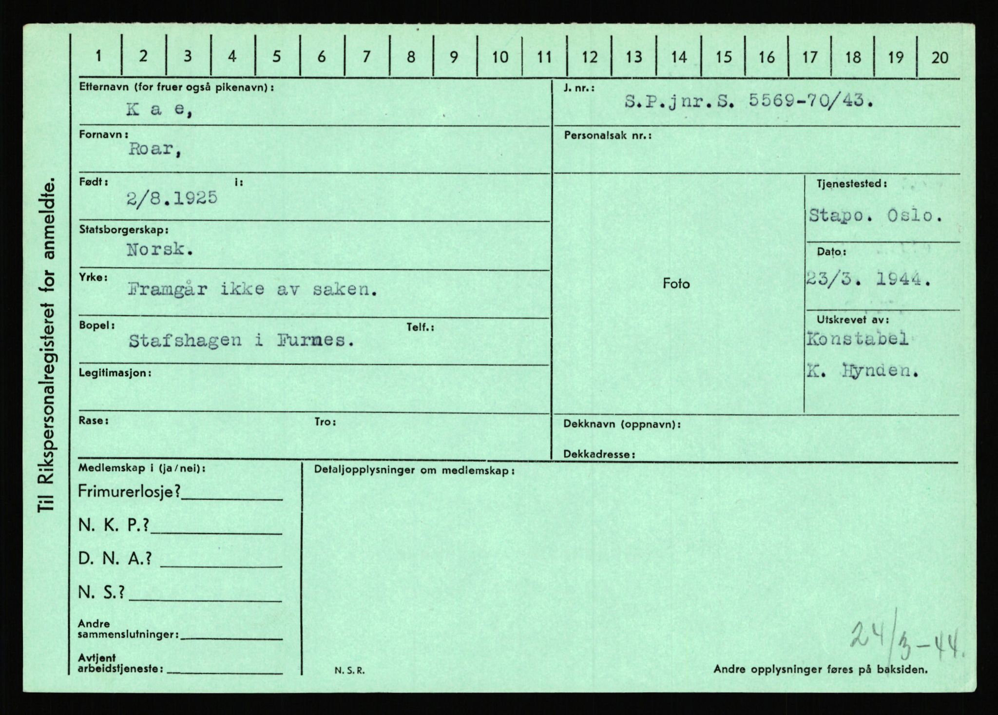 Statspolitiet - Hovedkontoret / Osloavdelingen, AV/RA-S-1329/C/Ca/L0008: Johan(nes)sen - Knoph, 1943-1945, p. 3092