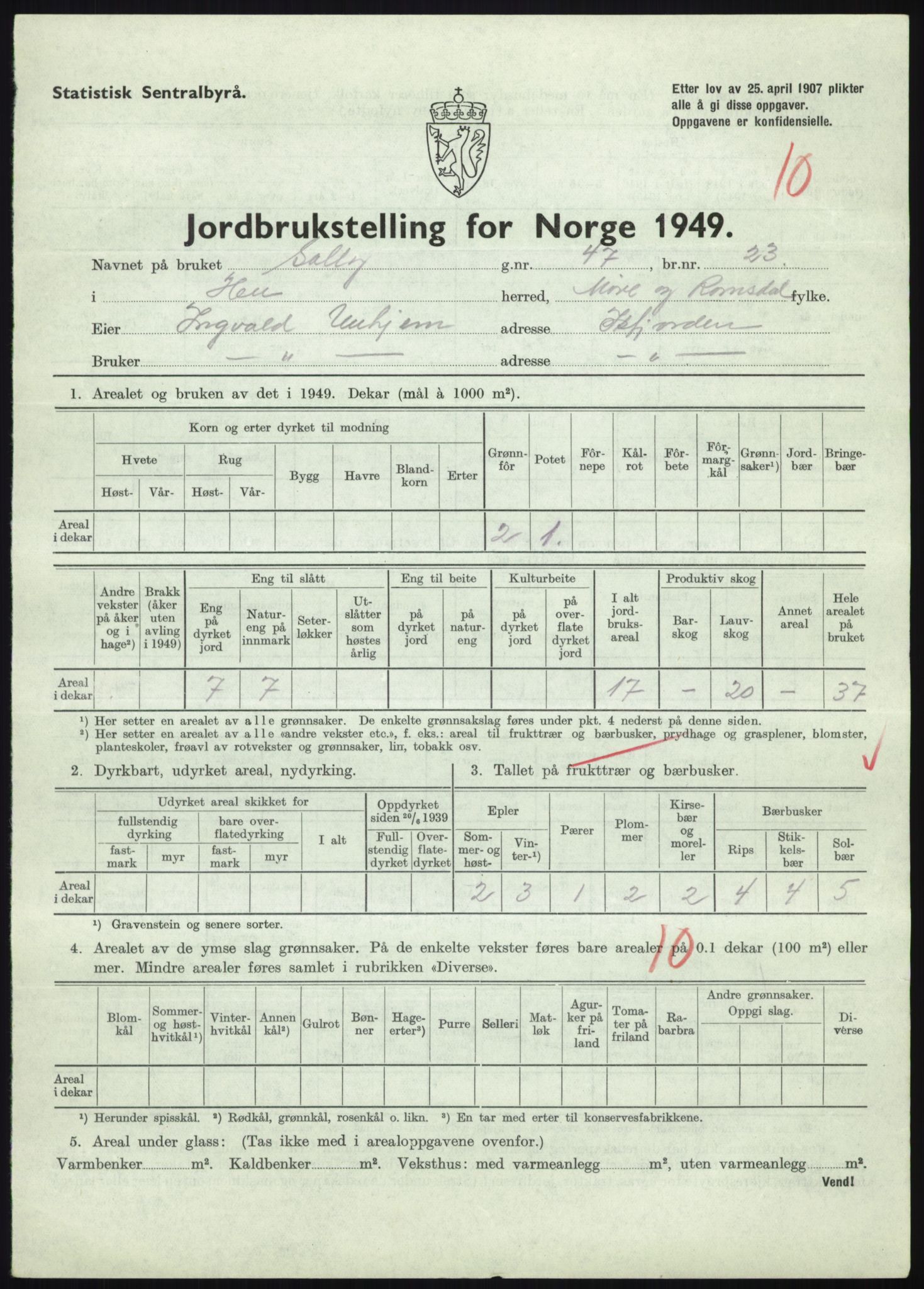 Statistisk sentralbyrå, Næringsøkonomiske emner, Jordbruk, skogbruk, jakt, fiske og fangst, AV/RA-S-2234/G/Gc/L0323: Møre og Romsdal: Grytten og Hen, 1949, p. 565