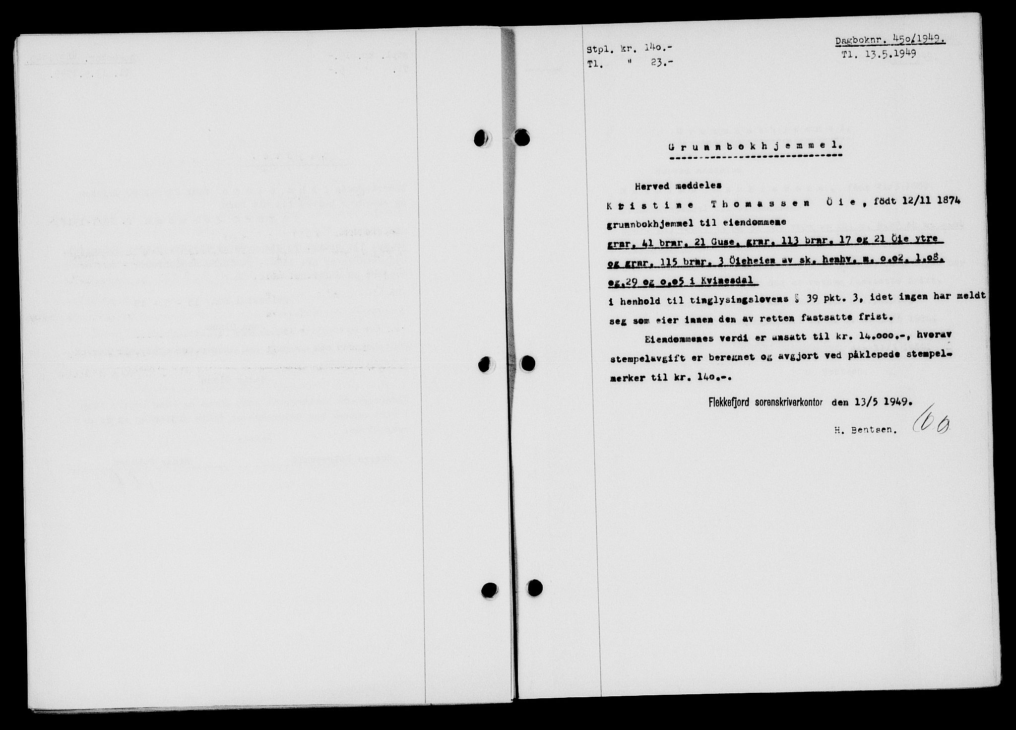 Flekkefjord sorenskriveri, SAK/1221-0001/G/Gb/Gba/L0065: Mortgage book no. A-13, 1949-1949, Diary no: : 450/1949