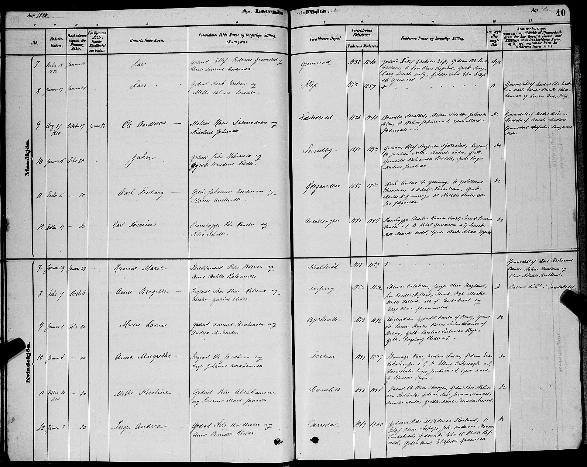 Bamble kirkebøker, SAKO/A-253/G/Ga/L0008: Parish register (copy) no. I 8, 1878-1888, p. 40