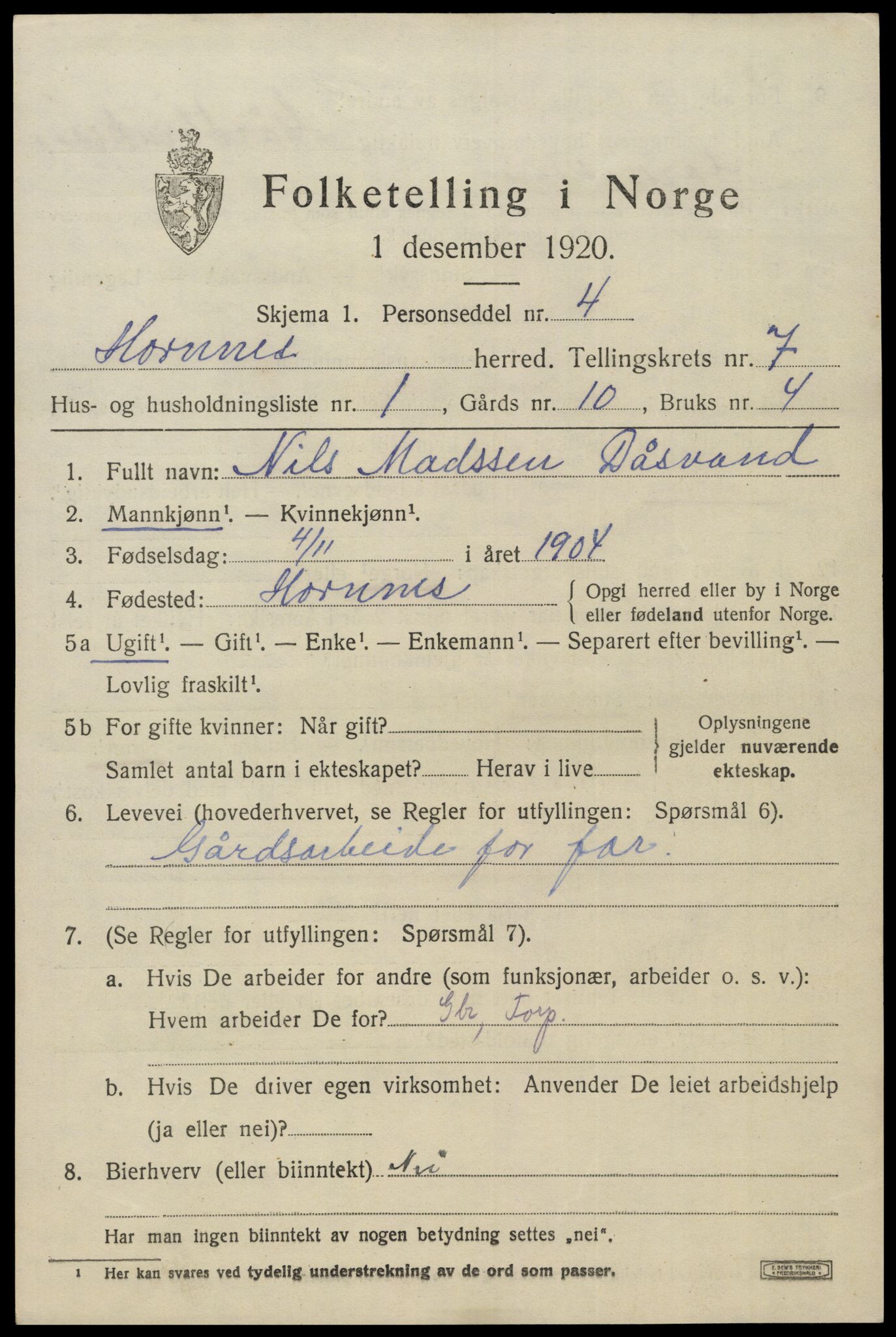 SAK, 1920 census for Hornnes, 1920, p. 1653