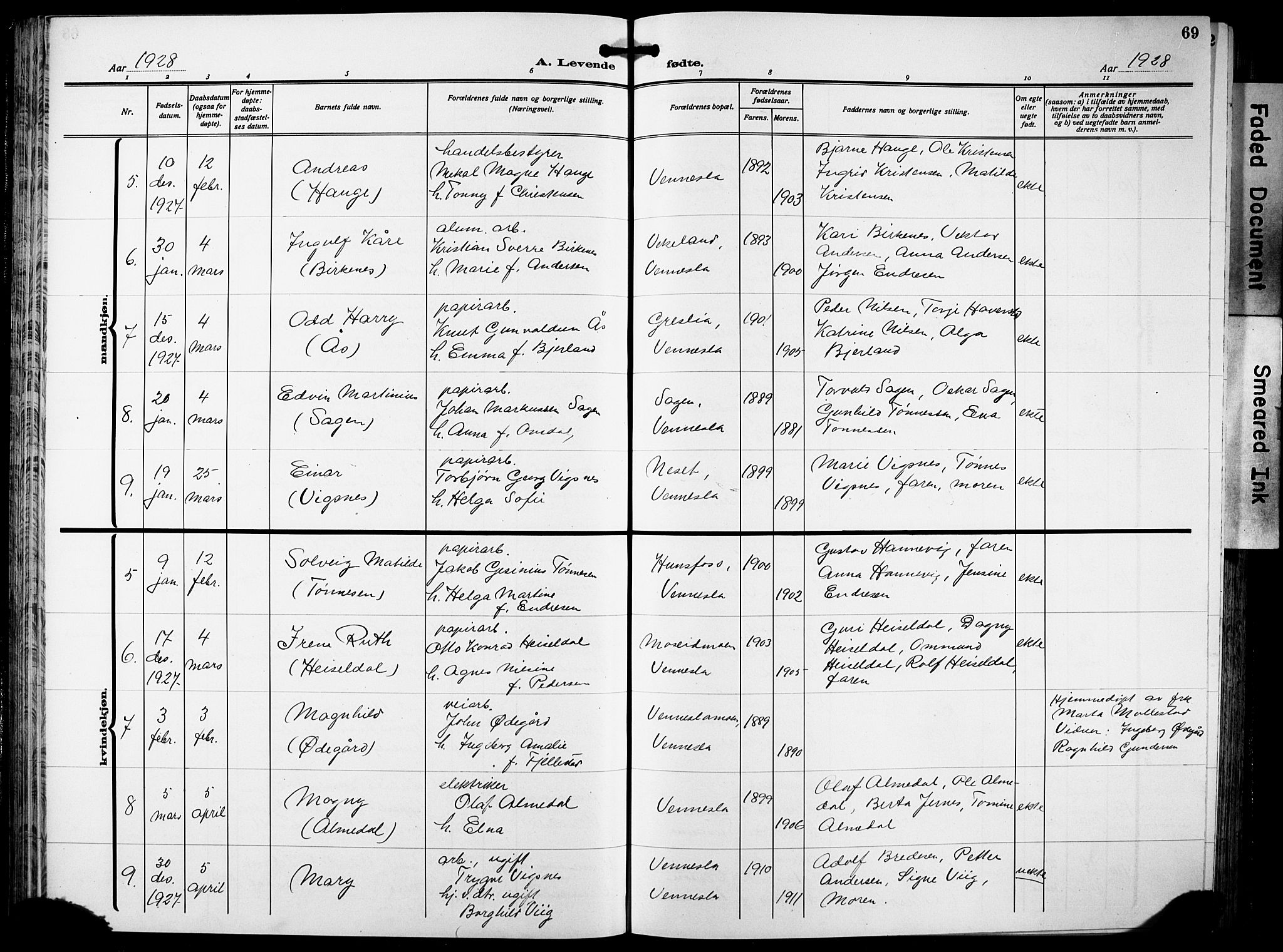 Vennesla sokneprestkontor, AV/SAK-1111-0045/Fb/Fbb/L0007: Parish register (copy) no. B 7, 1922-1933, p. 69