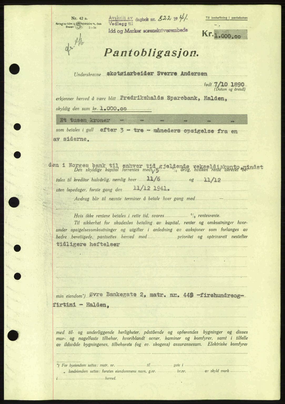 Idd og Marker sorenskriveri, AV/SAO-A-10283/G/Gb/Gbc/L0002: Mortgage book no. B4-9a, 1939-1945, Diary no: : 822/1941