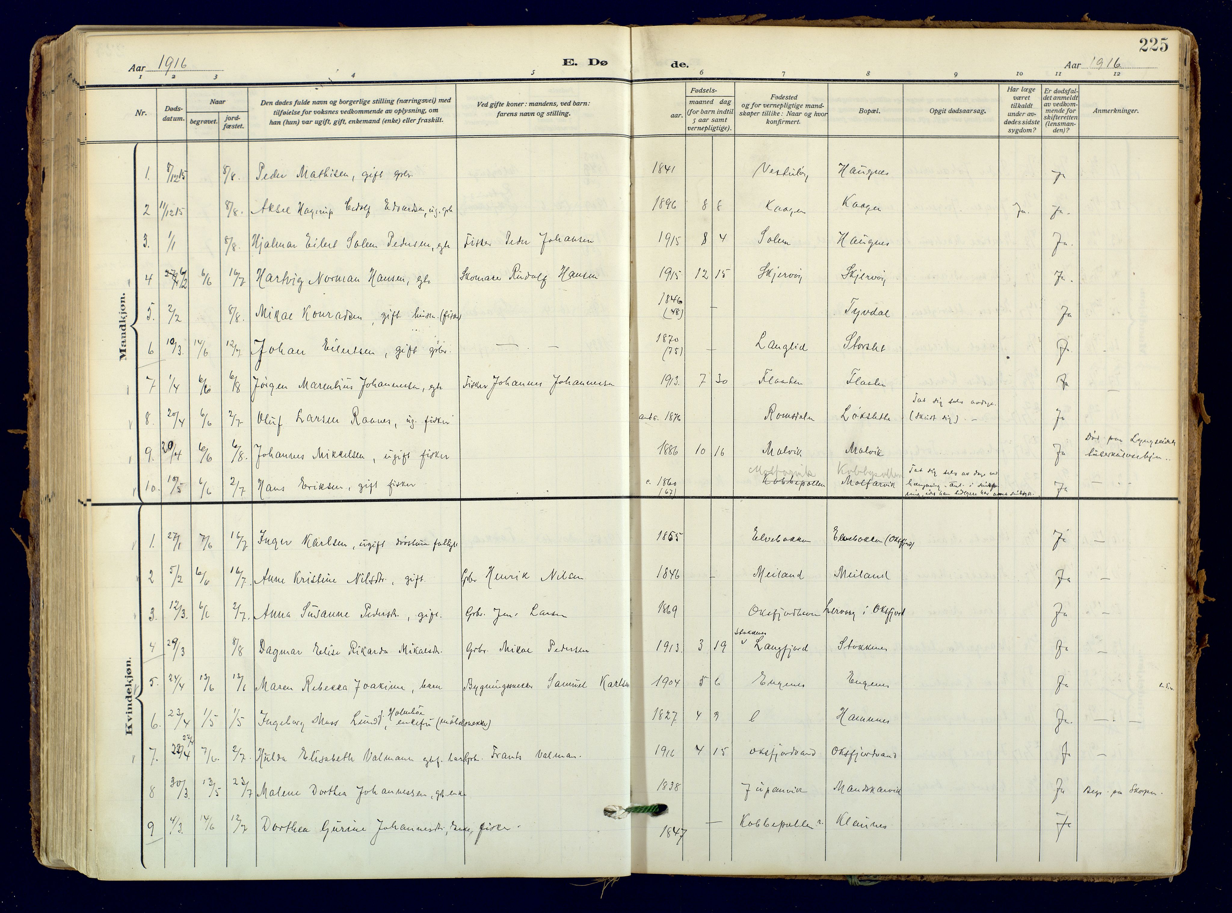 Skjervøy sokneprestkontor, AV/SATØ-S-1300/H/Ha/Haa: Parish register (official) no. 18, 1910-1926, p. 225