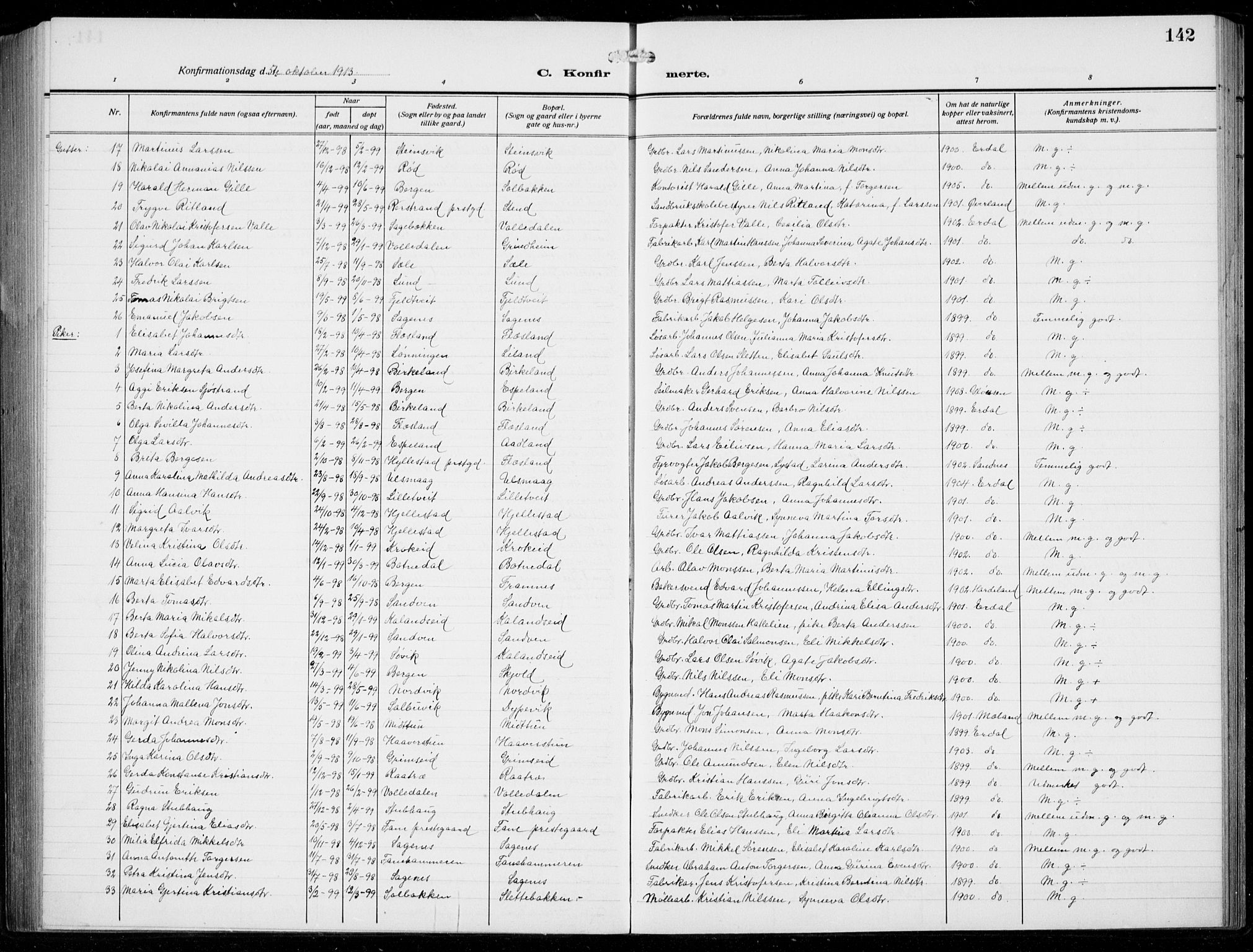 Fana Sokneprestembete, SAB/A-75101/H/Hab/Haba/L0005: Parish register (copy) no. A 5, 1911-1932, p. 142
