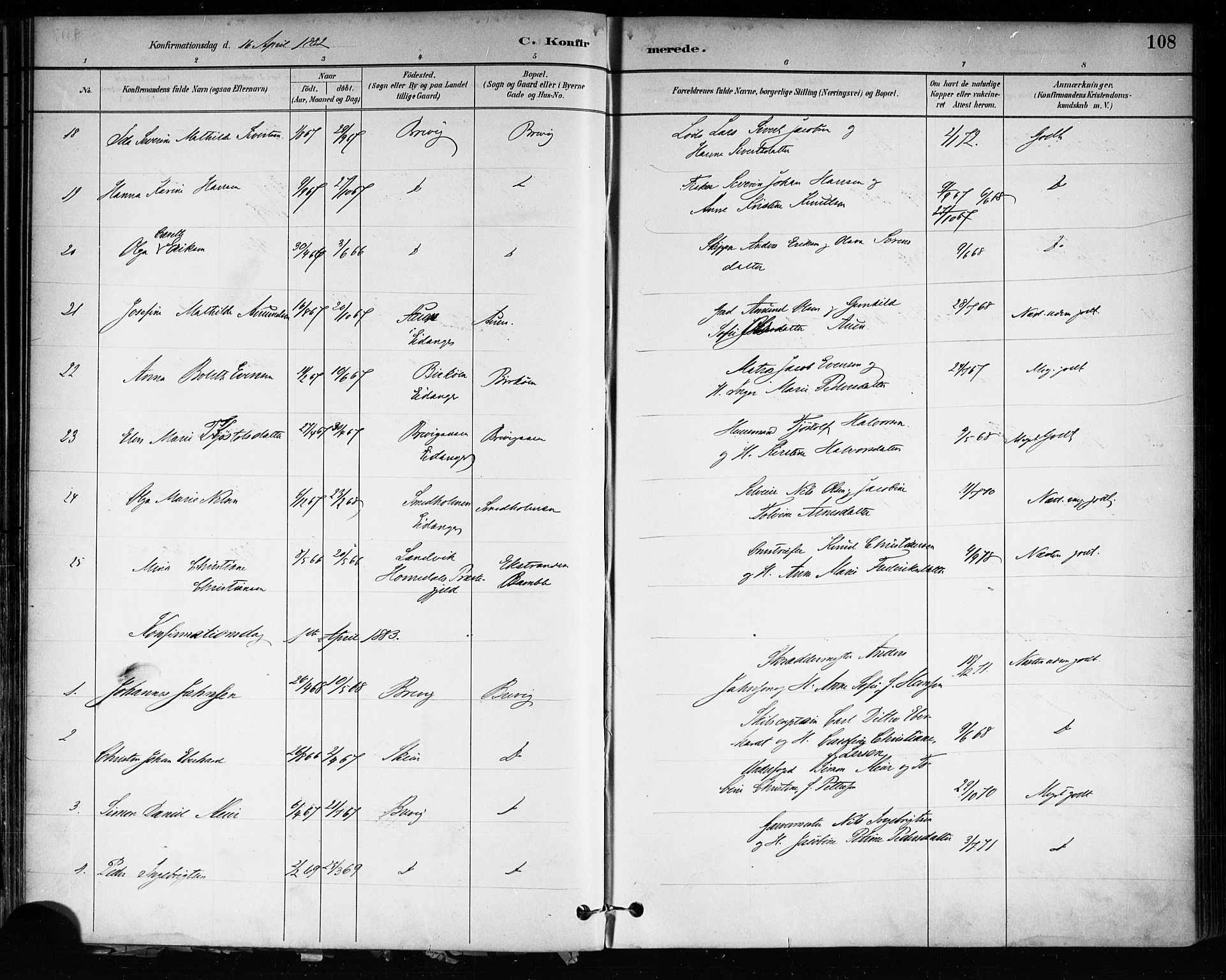 Brevik kirkebøker, SAKO/A-255/F/Fa/L0007: Parish register (official) no. 7, 1882-1900, p. 108