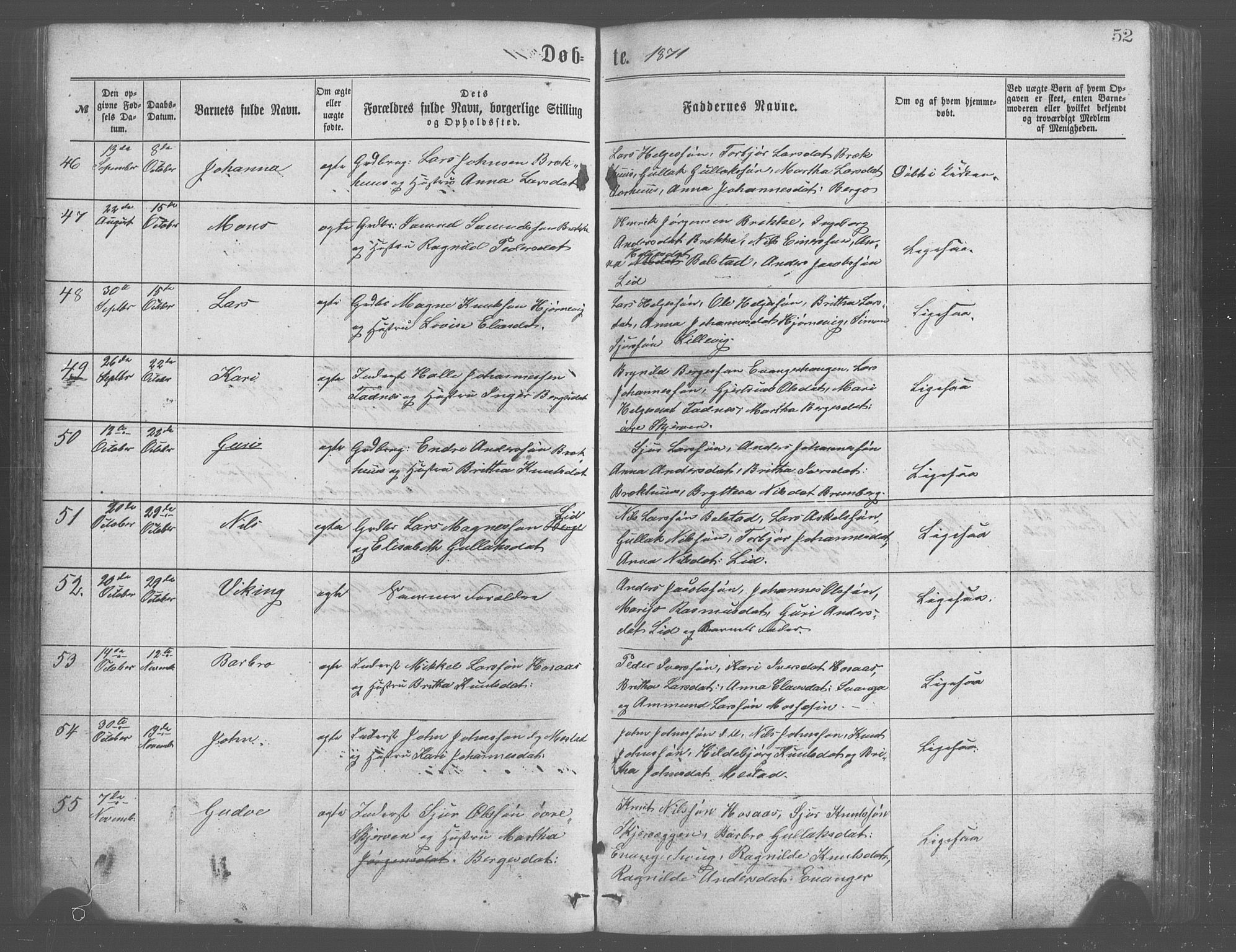 Evanger sokneprestembete, SAB/A-99924: Parish register (copy) no. A 2, 1863-1879, p. 52