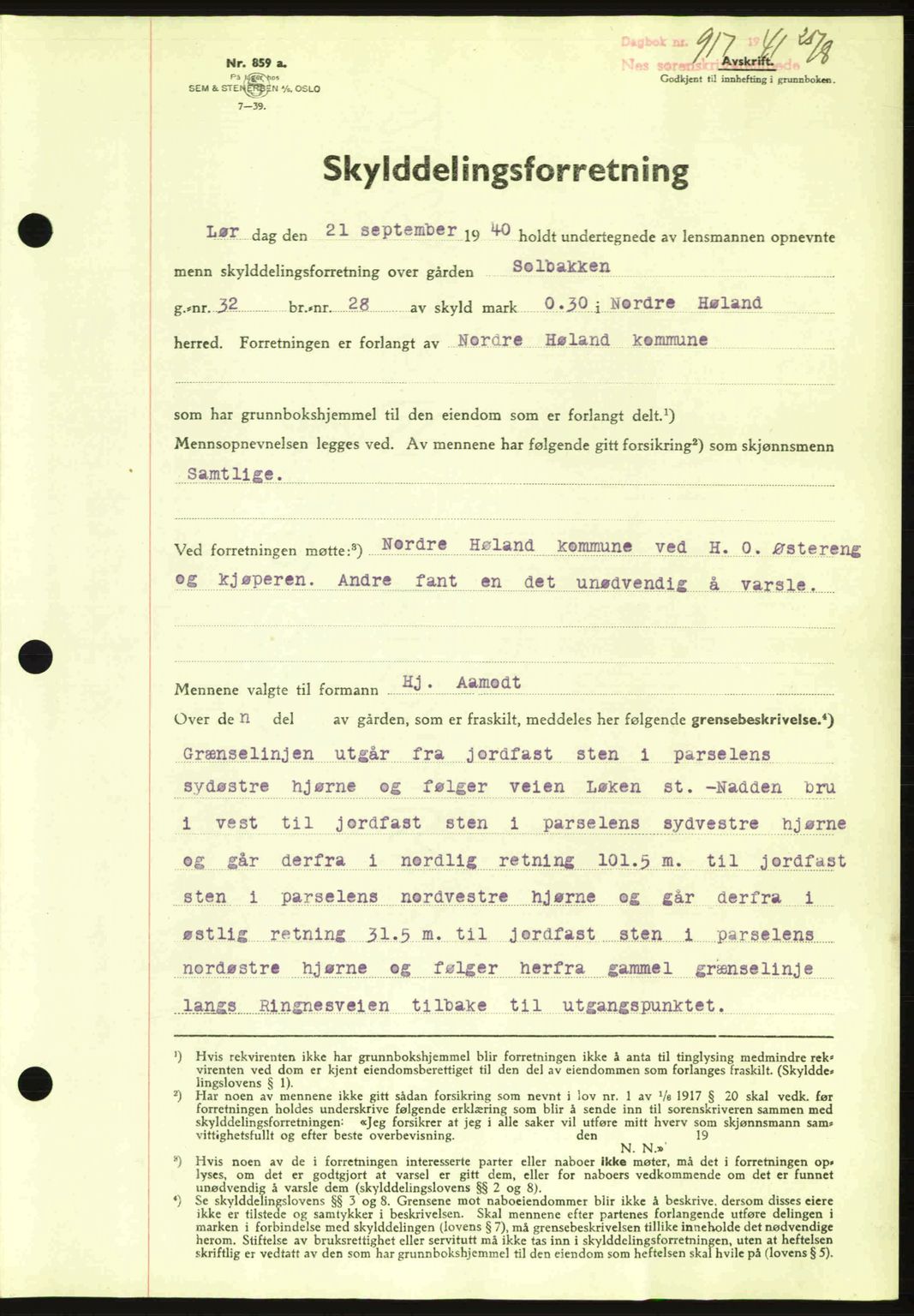 Nes tingrett, AV/SAO-A-10548/G/Gb/Gbb/L0012: Mortgage book no. 56, 1941-1942, Diary no: : 917/1941