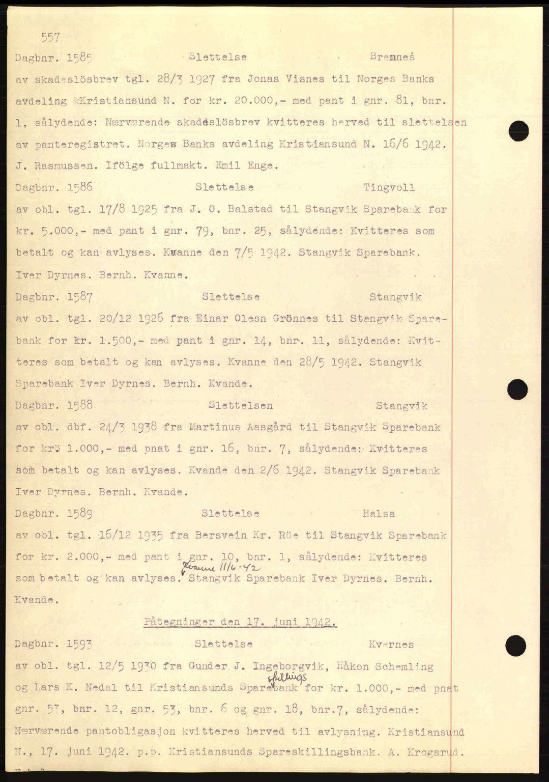 Nordmøre sorenskriveri, AV/SAT-A-4132/1/2/2Ca: Mortgage book no. C81, 1940-1945, Diary no: : 1585/1942