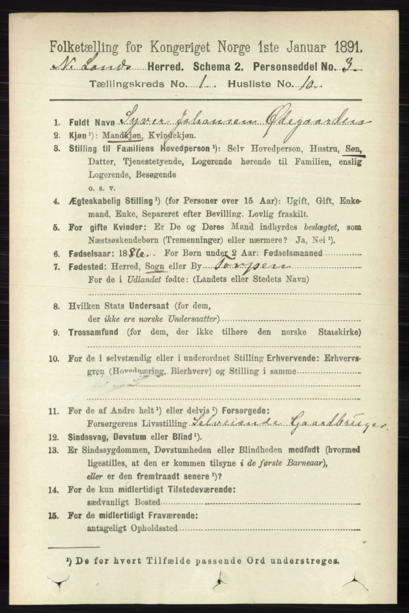 RA, 1891 census for 0538 Nordre Land, 1891, p. 180