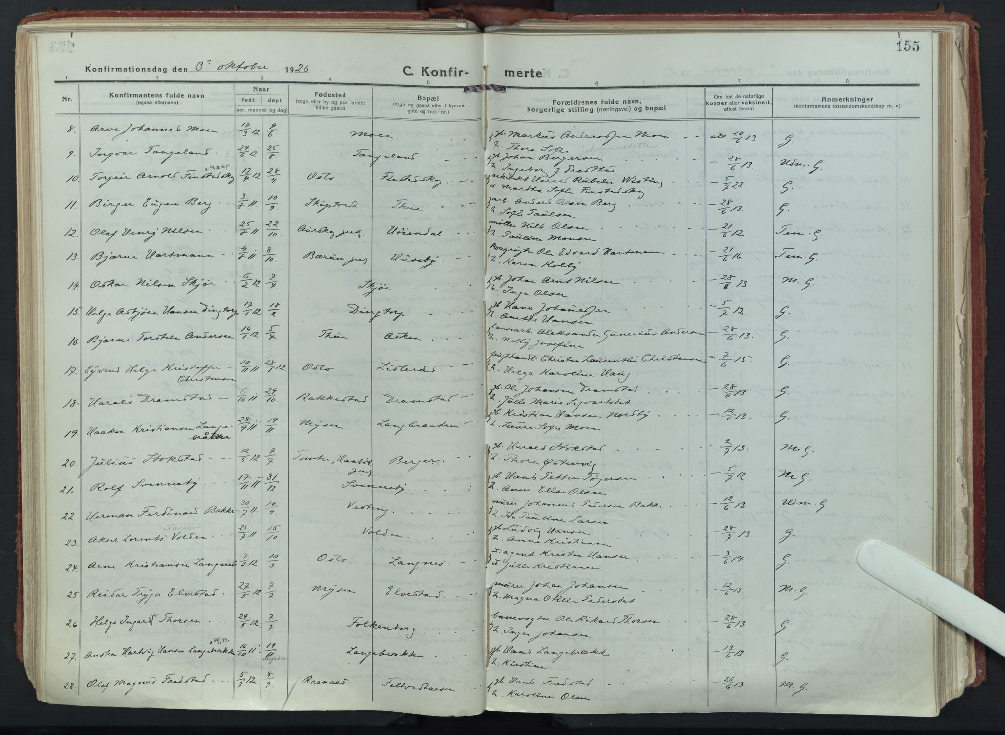 Eidsberg prestekontor Kirkebøker, AV/SAO-A-10905/F/Fa/L0015: Parish register (official) no. I 15, 1920-1937, p. 155