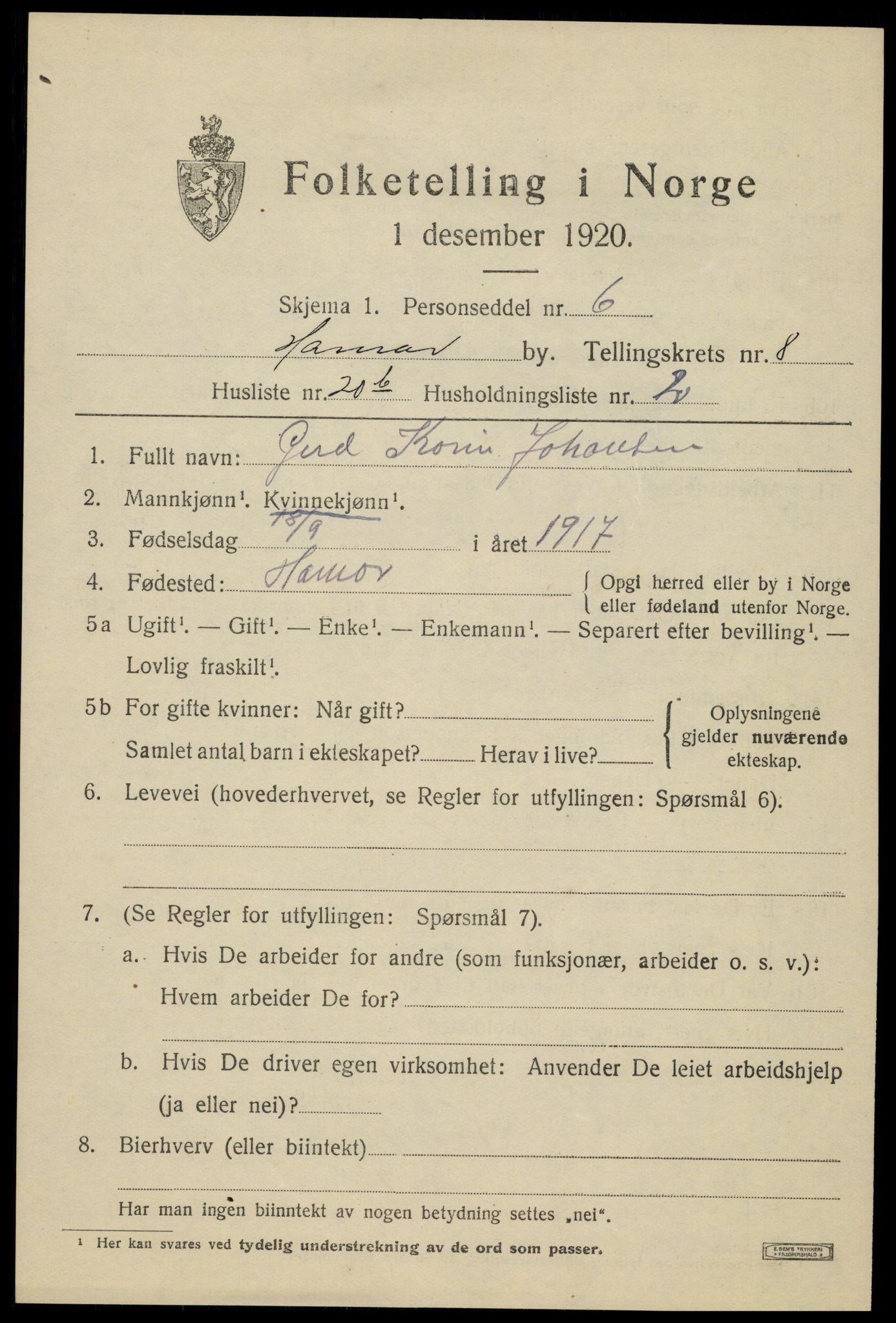 SAH, 1920 census for Hamar, 1920, p. 15075