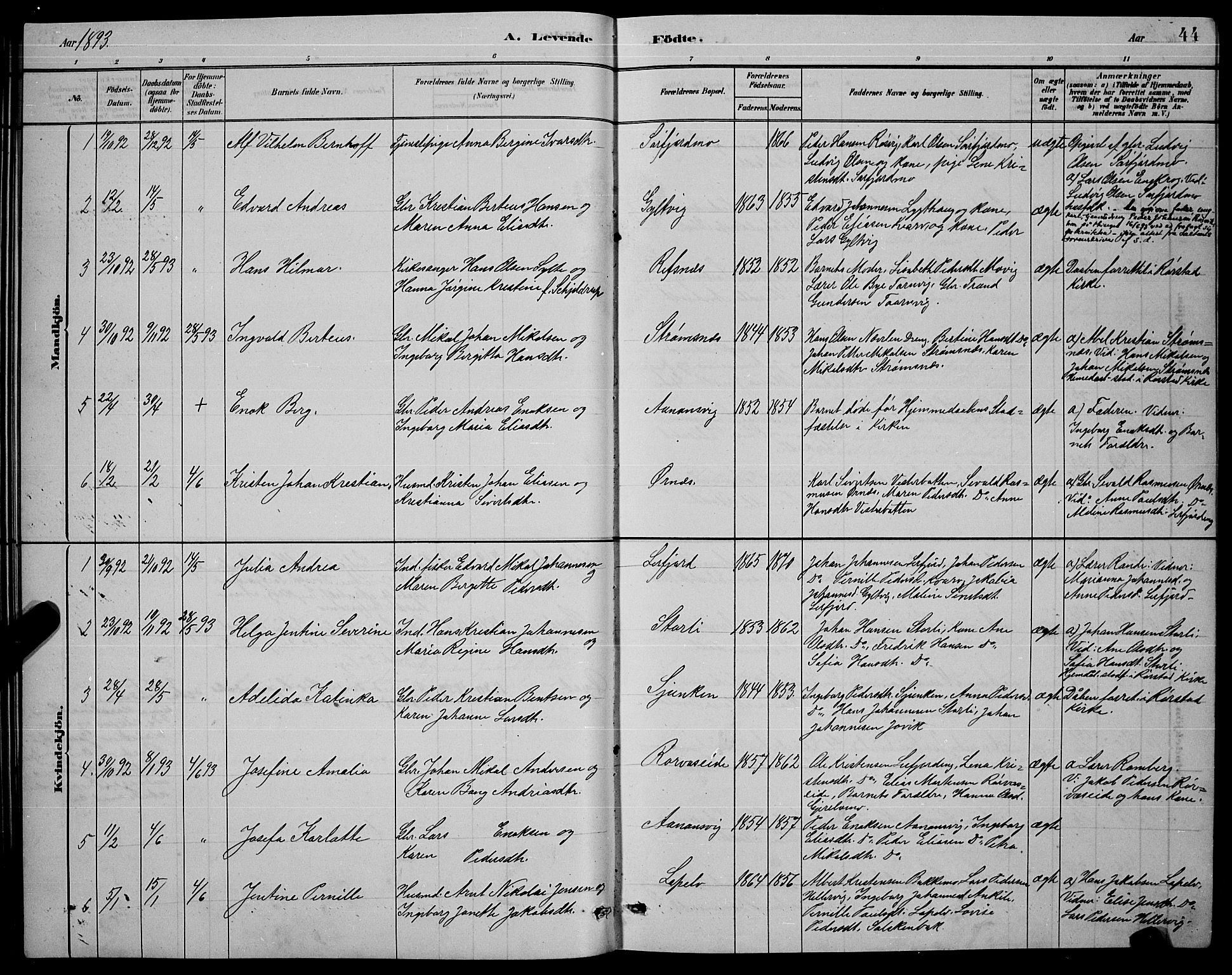 Ministerialprotokoller, klokkerbøker og fødselsregistre - Nordland, AV/SAT-A-1459/853/L0772: Parish register (official) no. 853A11, 1881-1900, p. 44