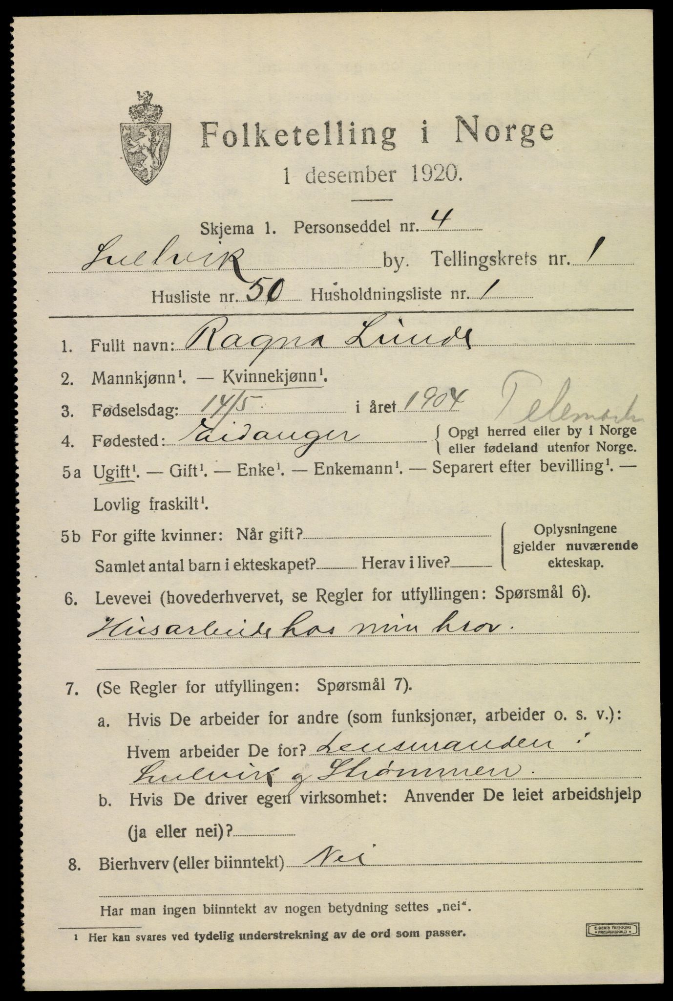 SAKO, 1920 census for Svelvik, 1920, p. 1713