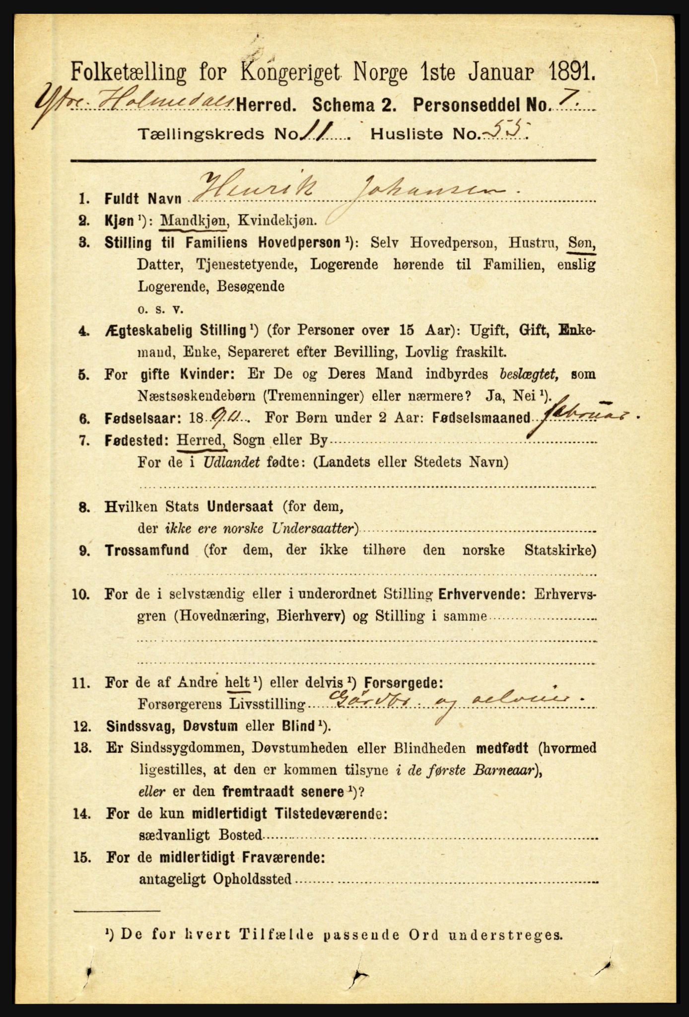 RA, 1891 census for 1429 Ytre Holmedal, 1891, p. 3136