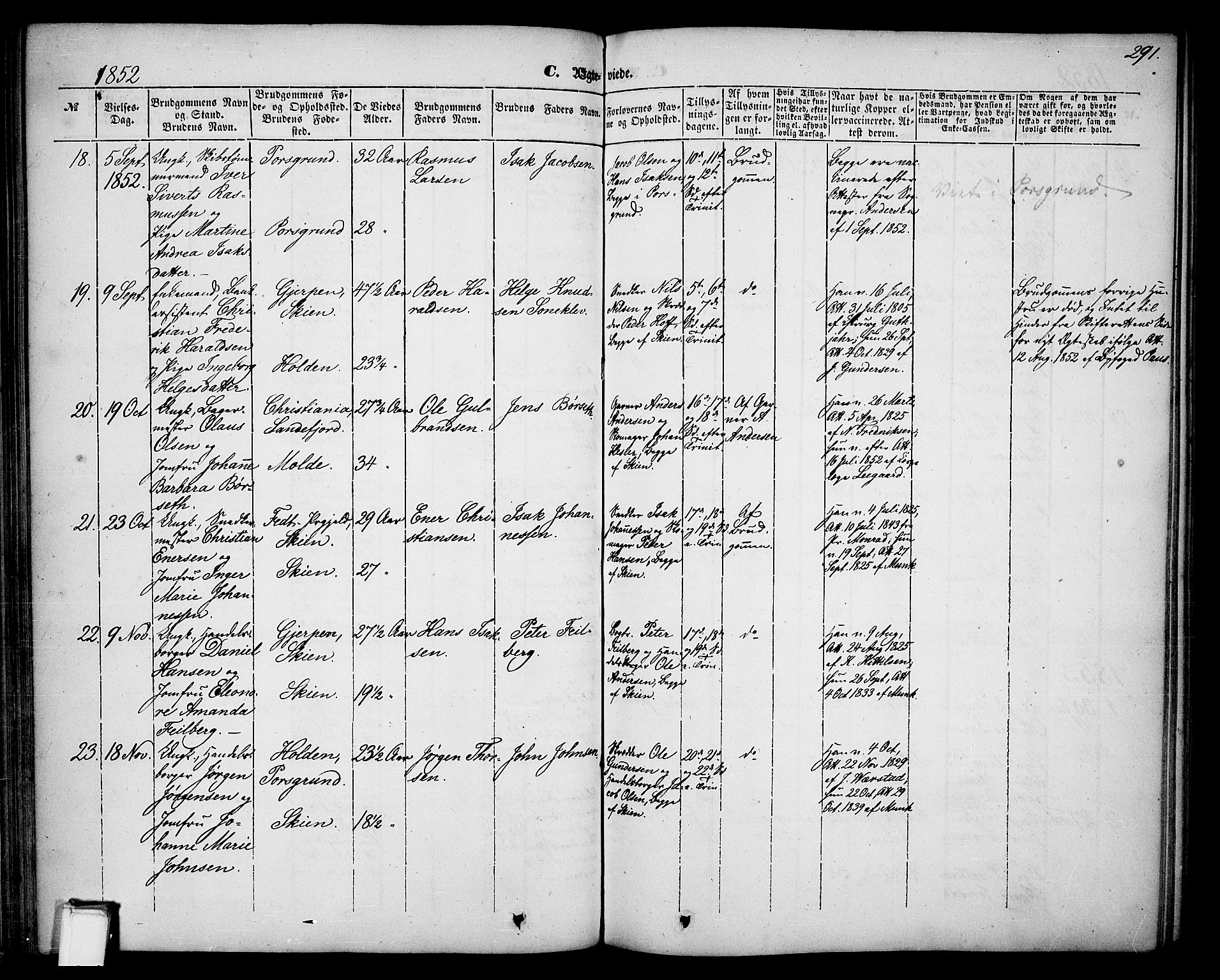 Skien kirkebøker, SAKO/A-302/G/Ga/L0004: Parish register (copy) no. 4, 1843-1867, p. 291