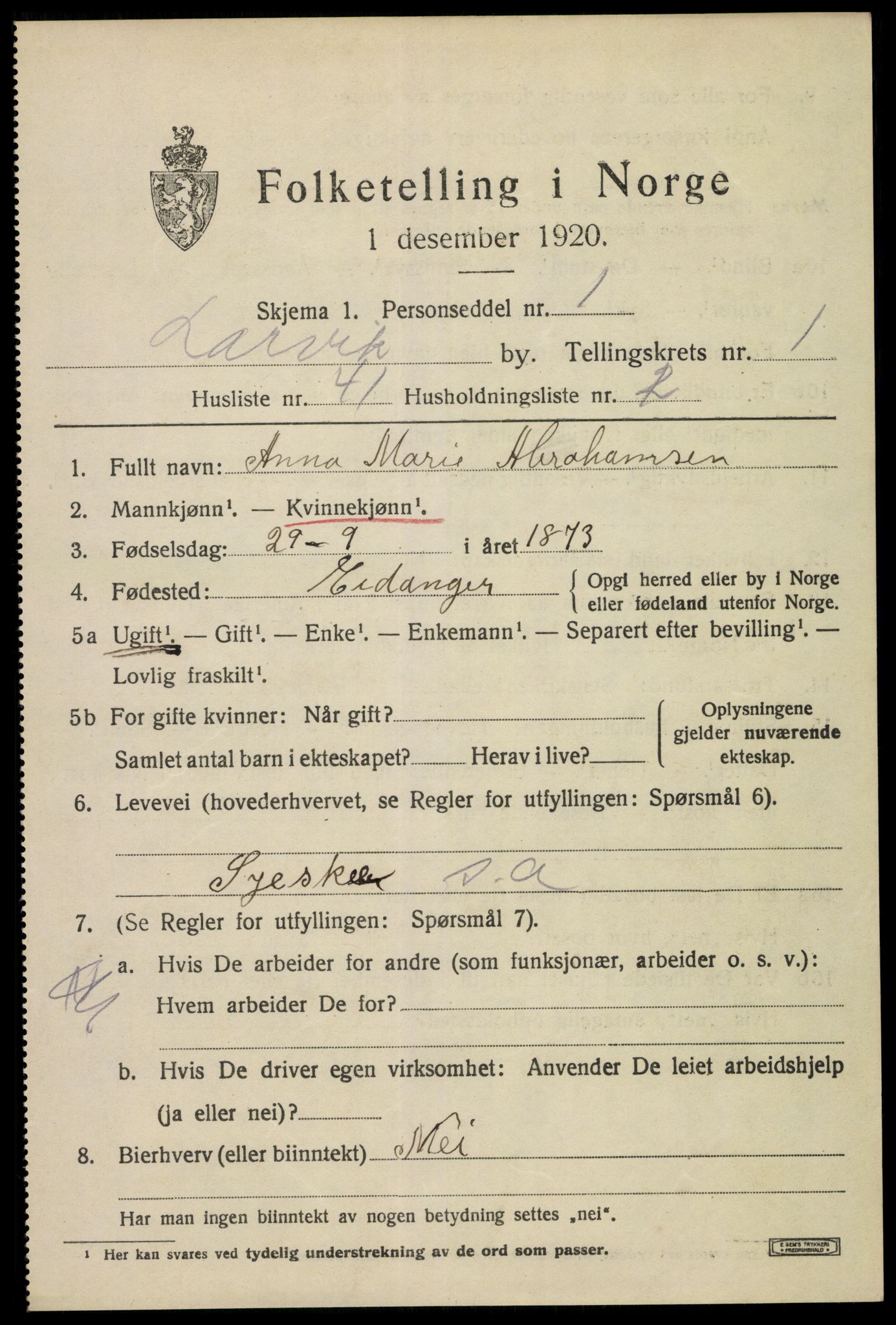 SAKO, 1920 census for Larvik, 1920, p. 9246