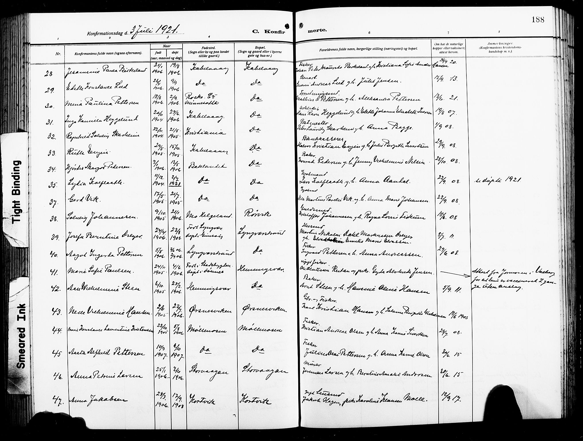 Ministerialprotokoller, klokkerbøker og fødselsregistre - Nordland, AV/SAT-A-1459/874/L1080: Parish register (copy) no. 874C09, 1915-1925, p. 188