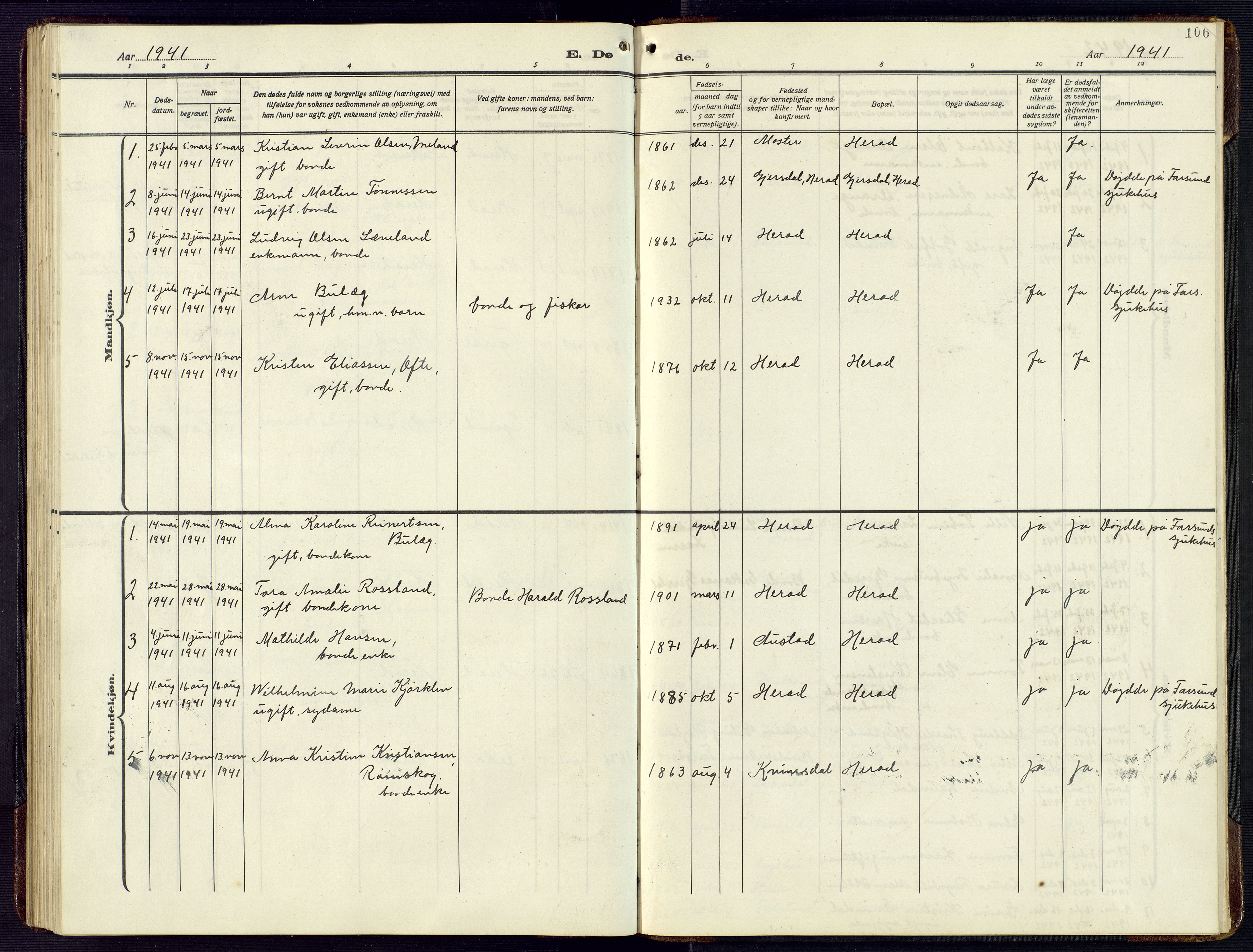 Herad sokneprestkontor, AV/SAK-1111-0018/F/Fb/Fba/L0006: Parish register (copy) no. B 6, 1921-1959, p. 106