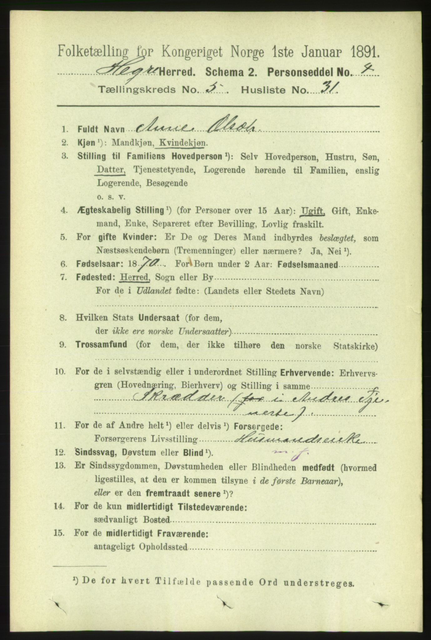 RA, 1891 census for 1712 Hegra, 1891, p. 2198