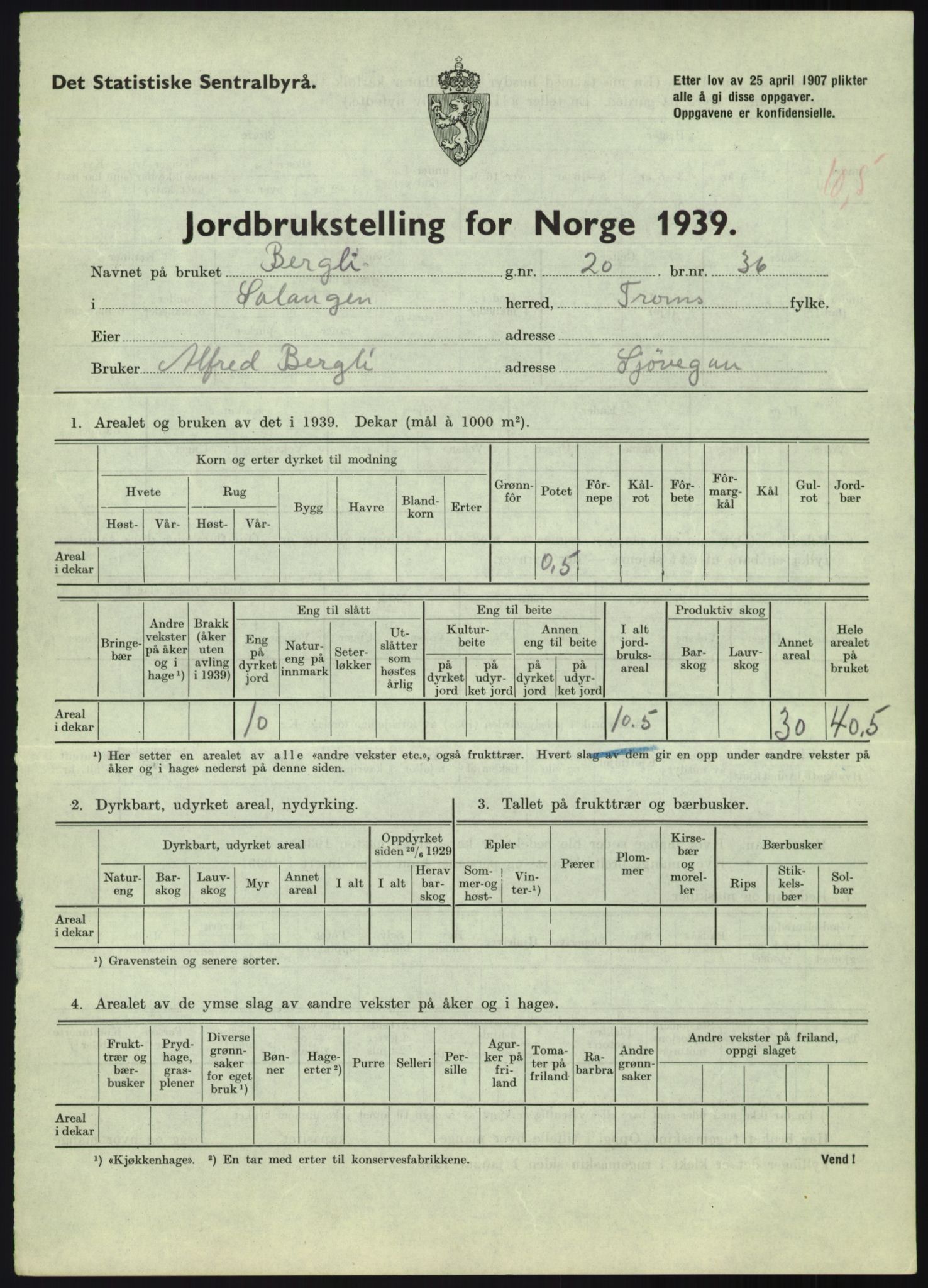 Statistisk sentralbyrå, Næringsøkonomiske emner, Jordbruk, skogbruk, jakt, fiske og fangst, AV/RA-S-2234/G/Gb/L0340: Troms: Salangen og Dyrøy, 1939, p. 162