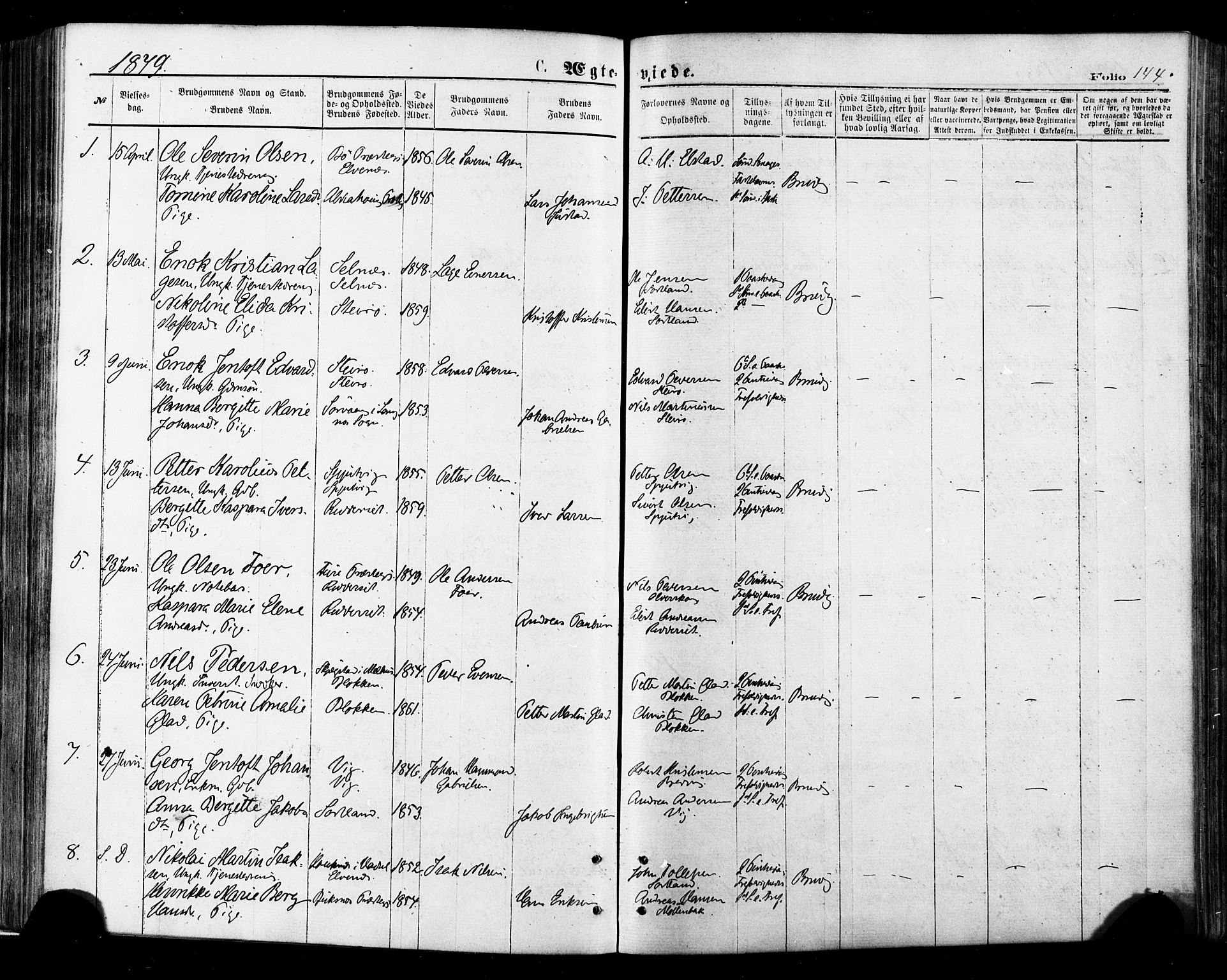 Ministerialprotokoller, klokkerbøker og fødselsregistre - Nordland, AV/SAT-A-1459/895/L1370: Parish register (official) no. 895A05, 1873-1884, p. 144