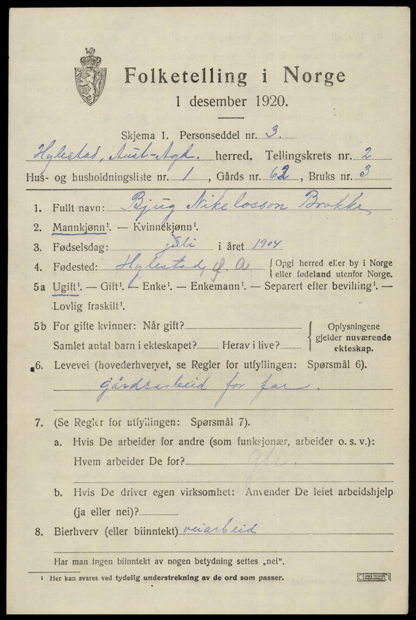 SAK, 1920 census for Hylestad, 1920, p. 466