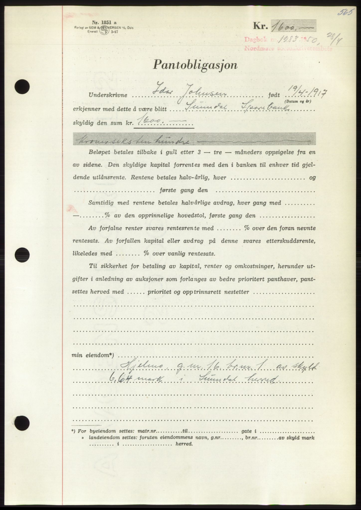 Nordmøre sorenskriveri, AV/SAT-A-4132/1/2/2Ca: Mortgage book no. B104, 1950-1950, Diary no: : 1283/1950