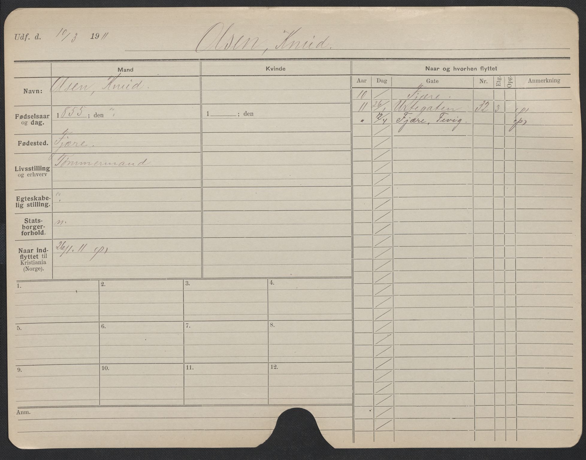 Oslo folkeregister, Registerkort, AV/SAO-A-11715/F/Fa/Fac/L0008: Menn, 1906-1914, p. 952a