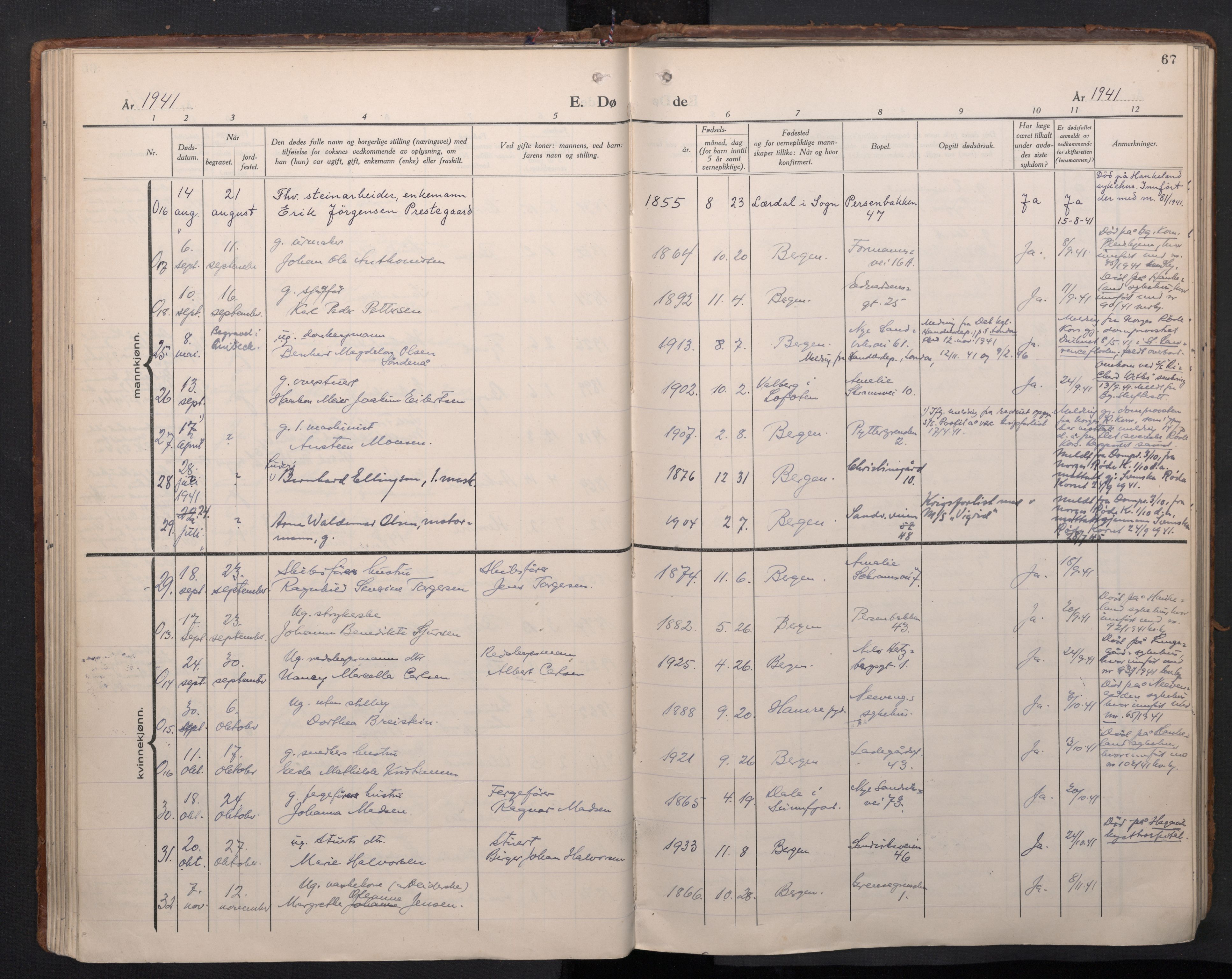 Sandviken Sokneprestembete, AV/SAB-A-77601/H/Ha/L0020: Parish register (official) no. E 3, 1933-1962, p. 67