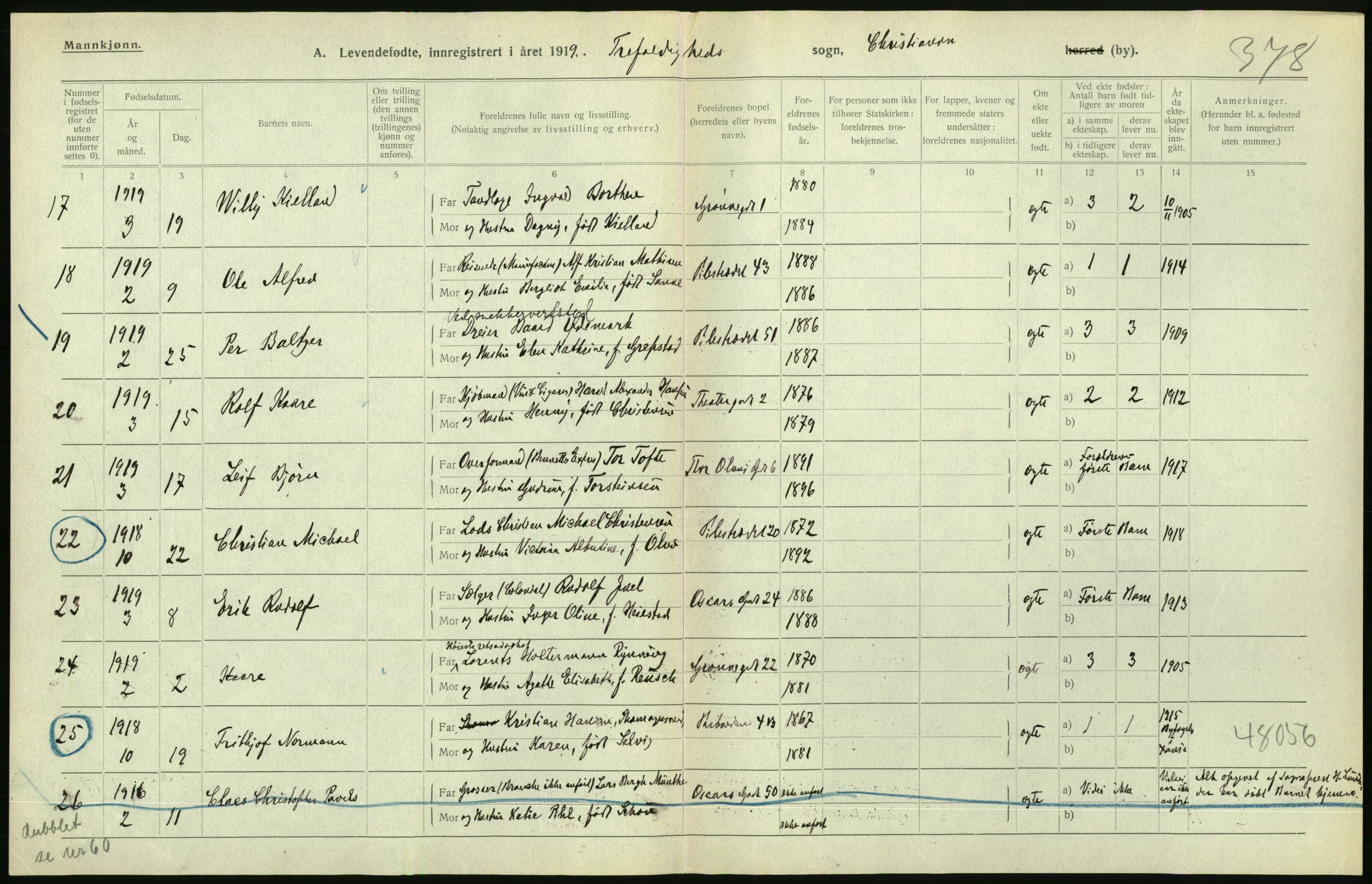 Statistisk sentralbyrå, Sosiodemografiske emner, Befolkning, AV/RA-S-2228/D/Df/Dfb/Dfbi/L0007: Kristiania: Levendefødte menn og kvinner., 1919, p. 324