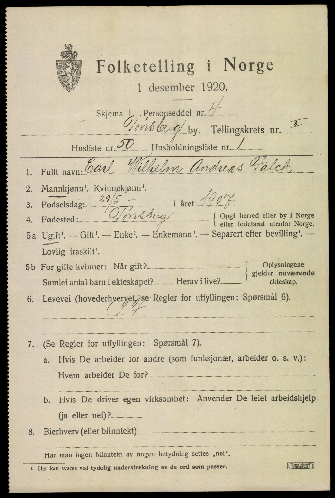 SAKO, 1920 census for Tønsberg, 1920, p. 10813