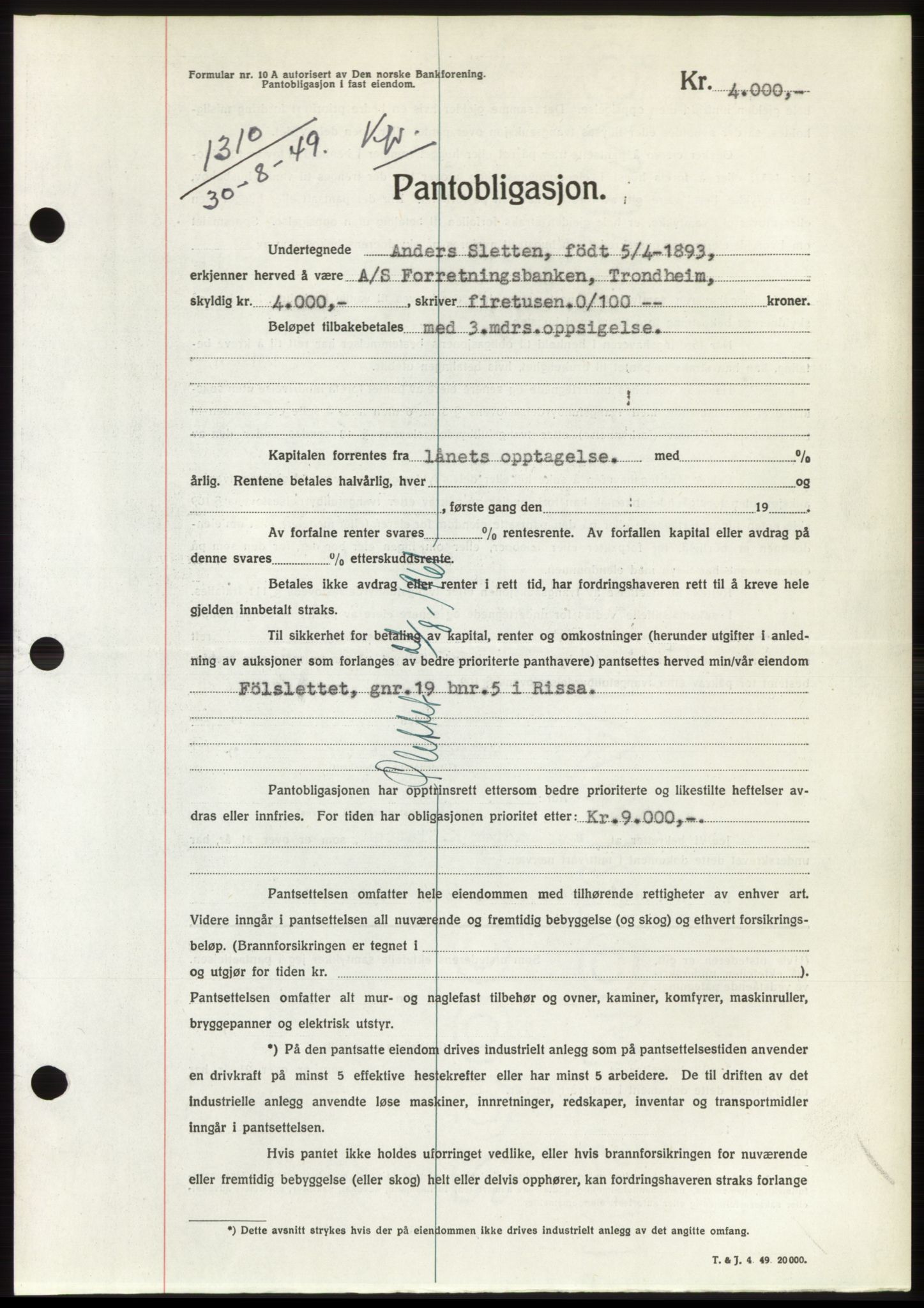 Fosen sorenskriveri, AV/SAT-A-1107/1/2/2C: Mortgage book no. B, 1948-1950, Diary no: : 1310/1949